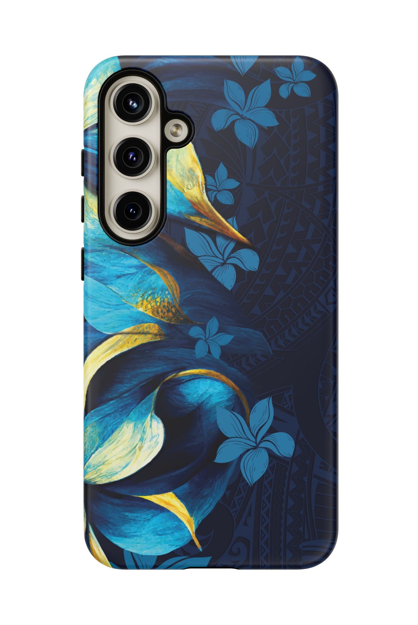 Woman holding Po Mahina Tough Samsung Galaxy Case - Hawaiian Moonlit Teal Gold Floral Design - The Local Banyan