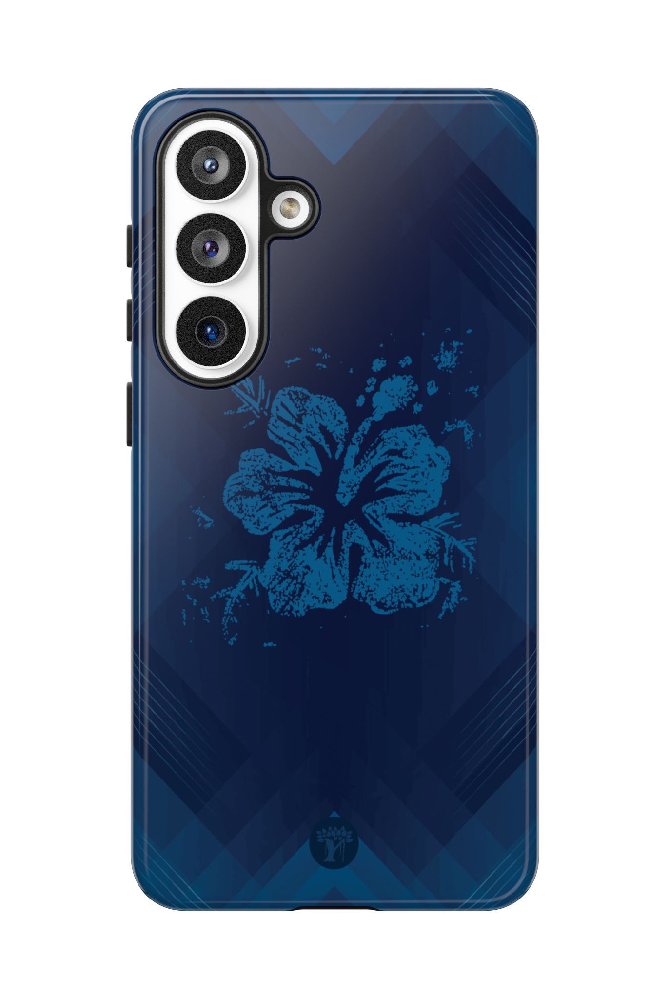 Woman holding Kikokiko Lehua Tough Samsung Galaxy Case - Hawaiian Navy Blue Geometric Hibiscus Design - The Local Banyan