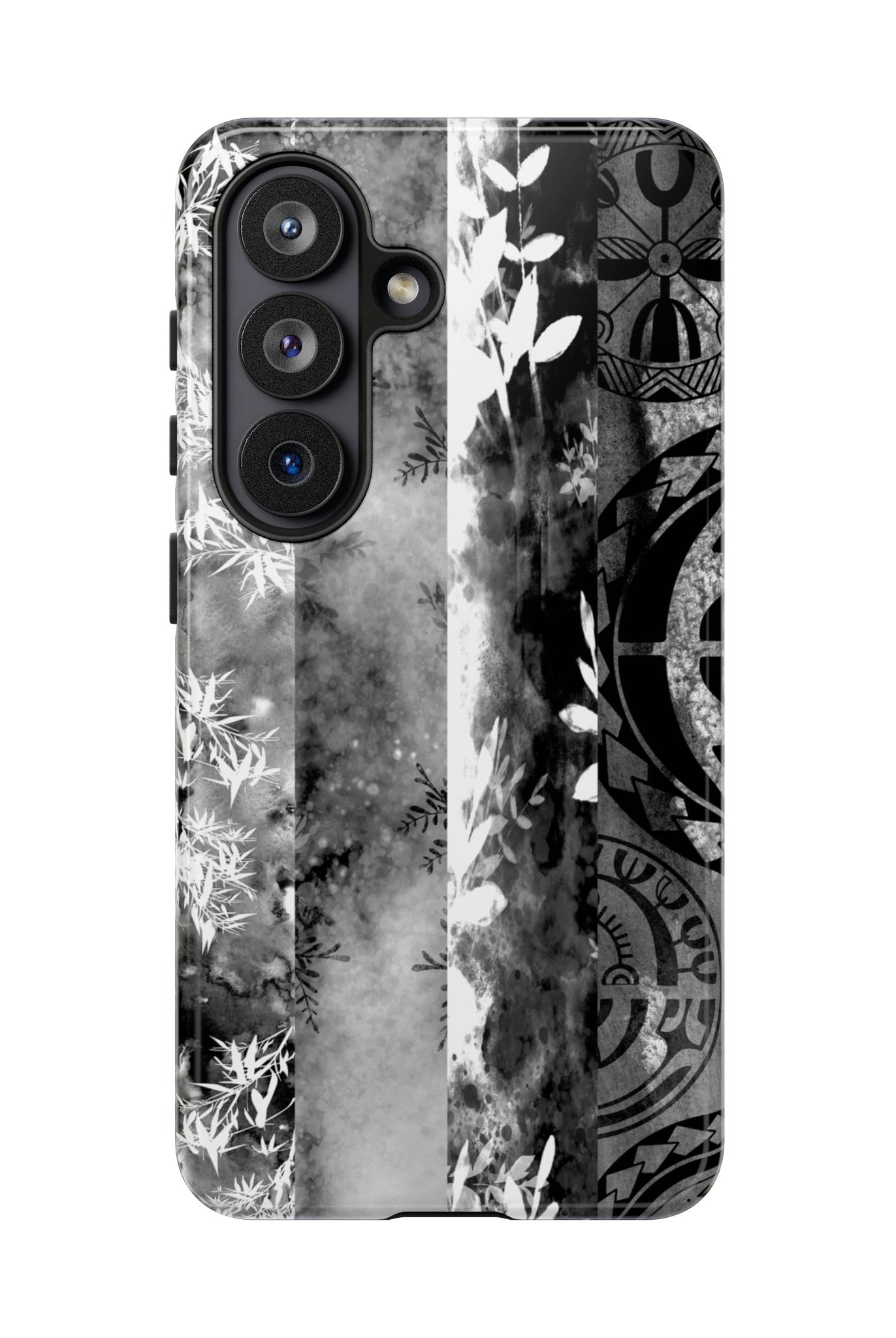 Woman holding Monochrome Oasis Tough Samsung Galaxy Case - Hawaiian Black White Botanical Tribal Design - The Local Banyan