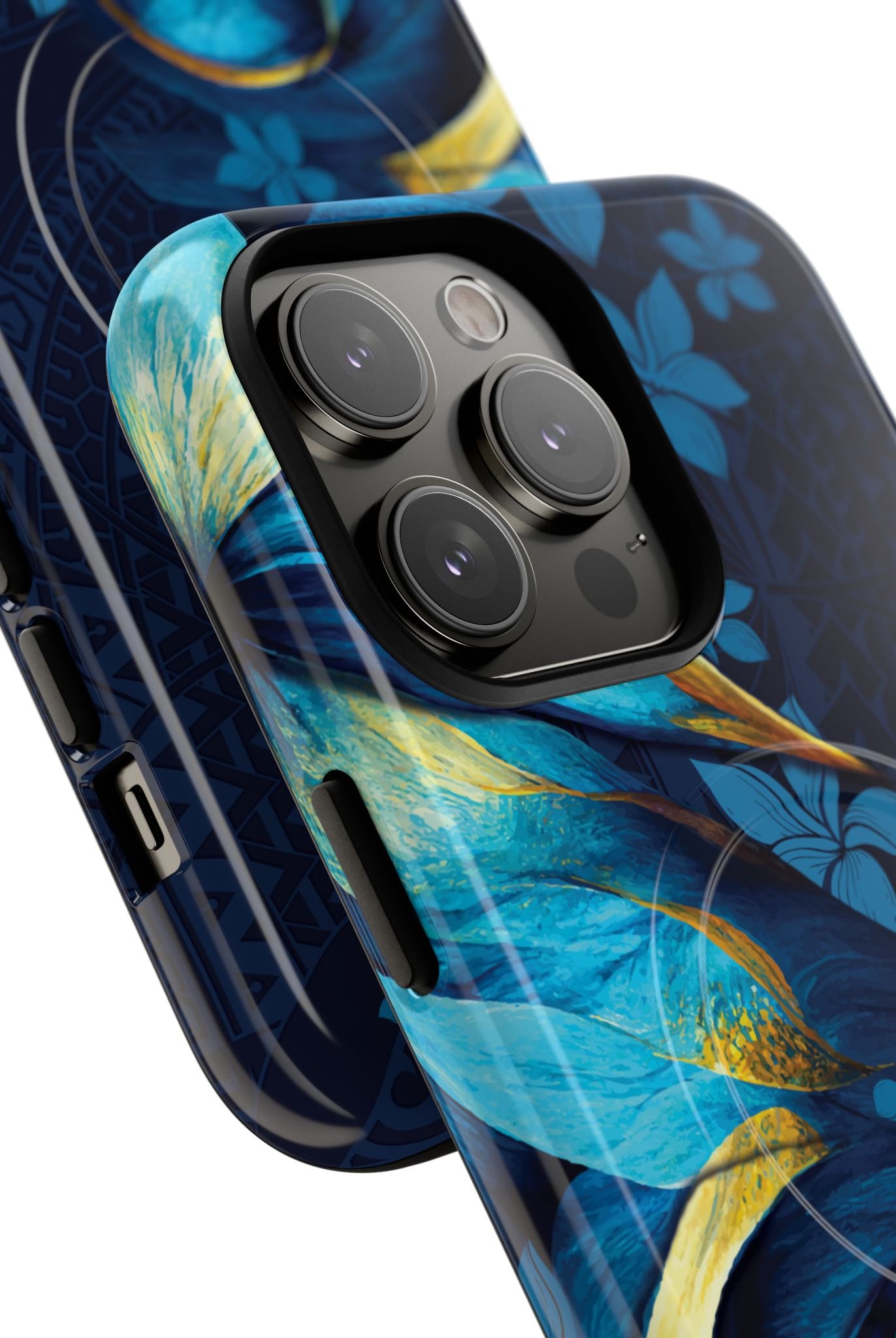 Woman holding Po Mahina MagSafe iPhone Case - Hawaiian Moonlit Teal Gold Floral Design - The Local Banyan