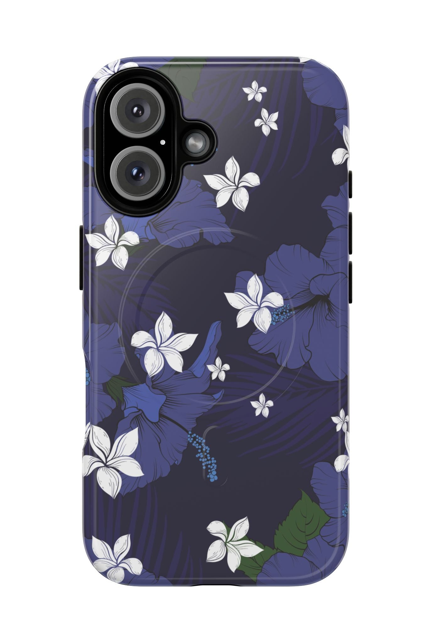 Vintage Blue MagSafe iPhone Case iPhone 16 Glossy - Hawaiian Indigo Hibiscus White Plumeria Design - The Local Banyan