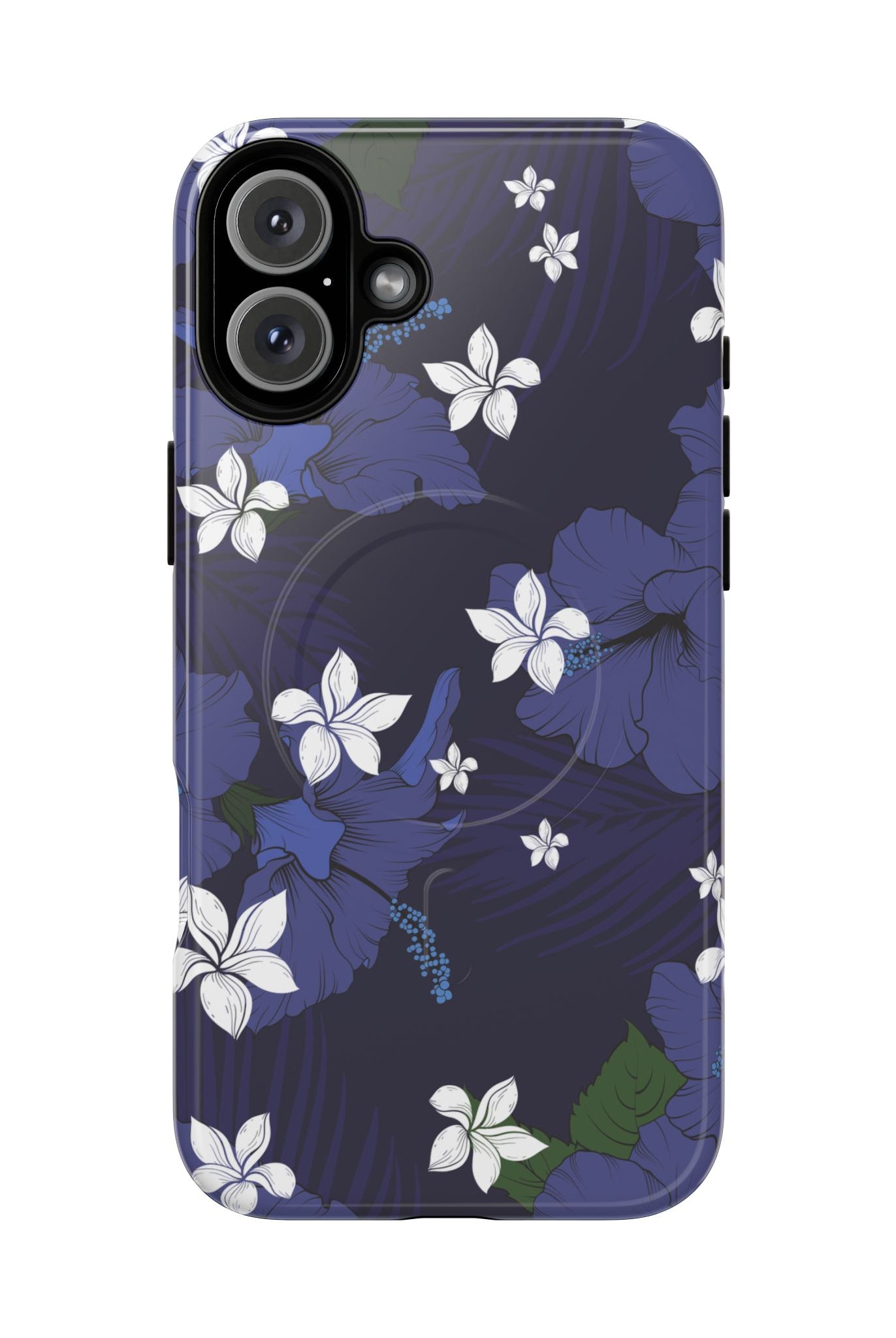 Vintage Blue MagSafe iPhone Case iPhone 16 Plus Glossy - Hawaiian Indigo Hibiscus White Plumeria Design - The Local Banyan