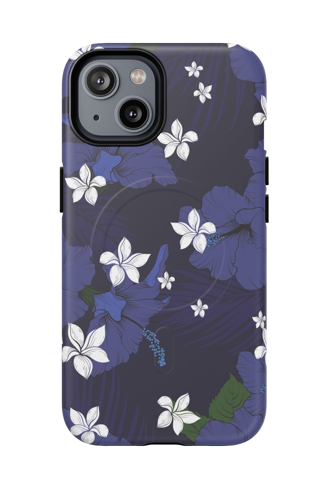 Vintage Blue MagSafe iPhone Case iPhone 14 Matte - Hawaiian Indigo Hibiscus White Plumeria Design - The Local Banyan