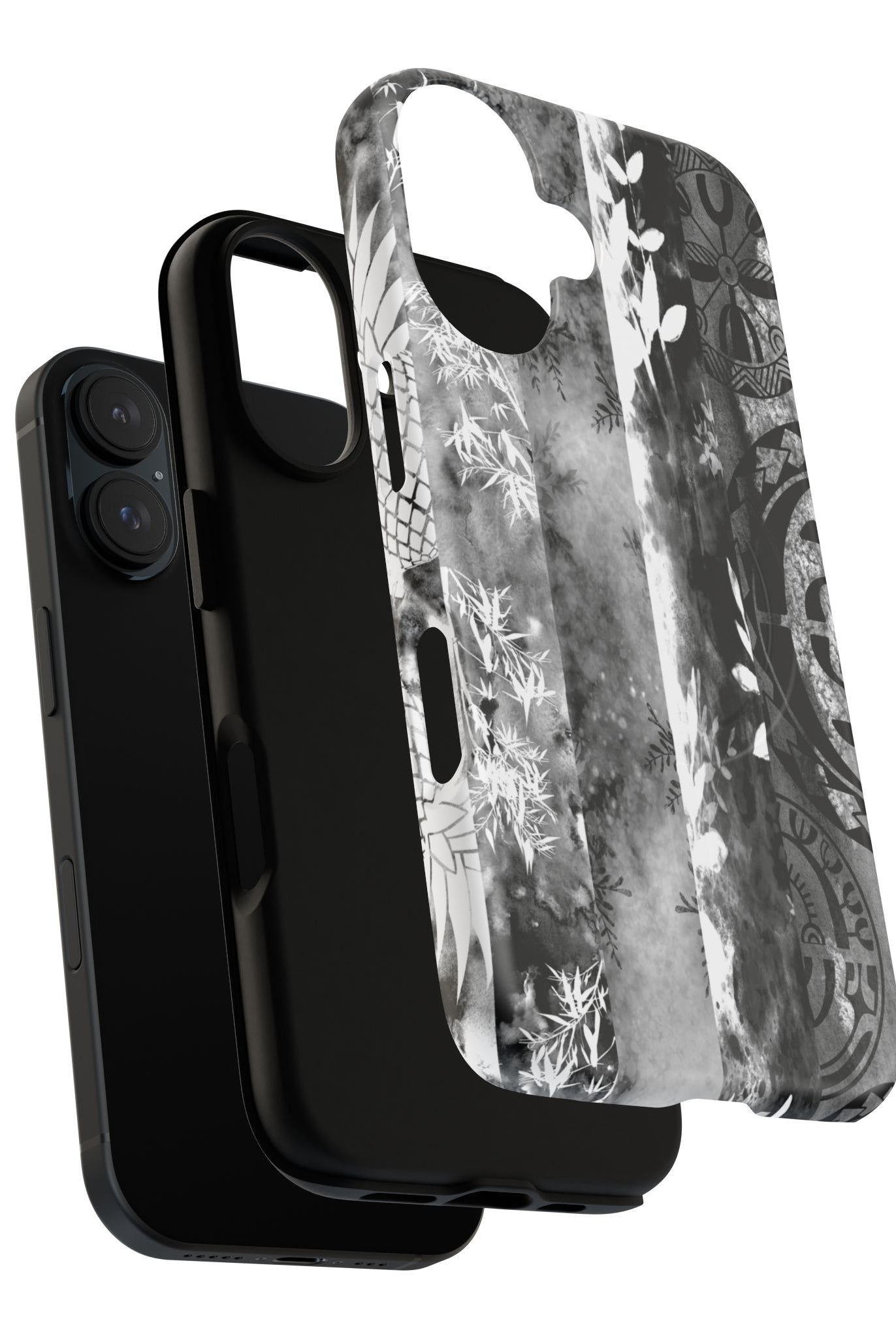 Woman holding Monochrome Oasis MagSafe iPhone Case - Hawaiian Black White Botanical Tribal Design - The Local Banyan
