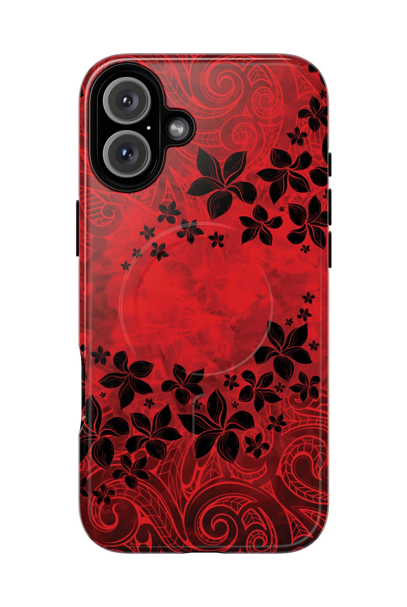 Keahi Pua MagSafe iPhone Case Detail View - Hawaiian Fire Flower Red Tribal Floral Design Close Up - The Local Banyan