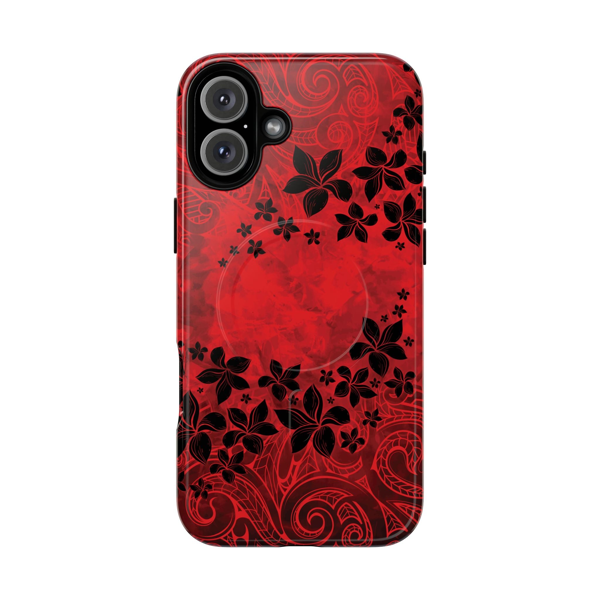 Keahi Pua MagSafe iPhone Case Detail View - Hawaiian Fire Flower Red Tribal Floral Design Close Up - The Local Banyan