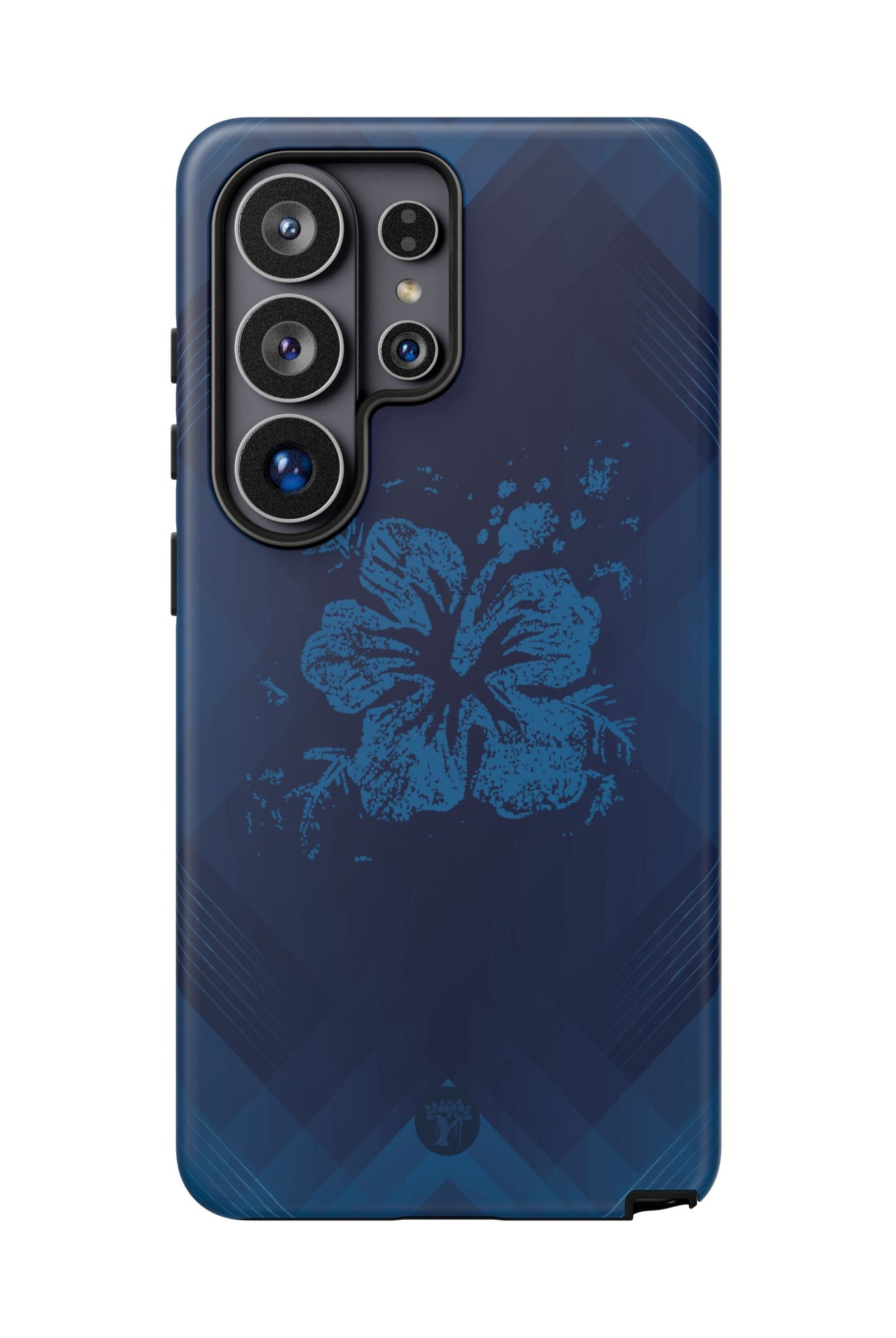 Woman holding Kikokiko Lehua Tough Samsung Galaxy Case - Hawaiian Navy Blue Geometric Hibiscus Design - The Local Banyan