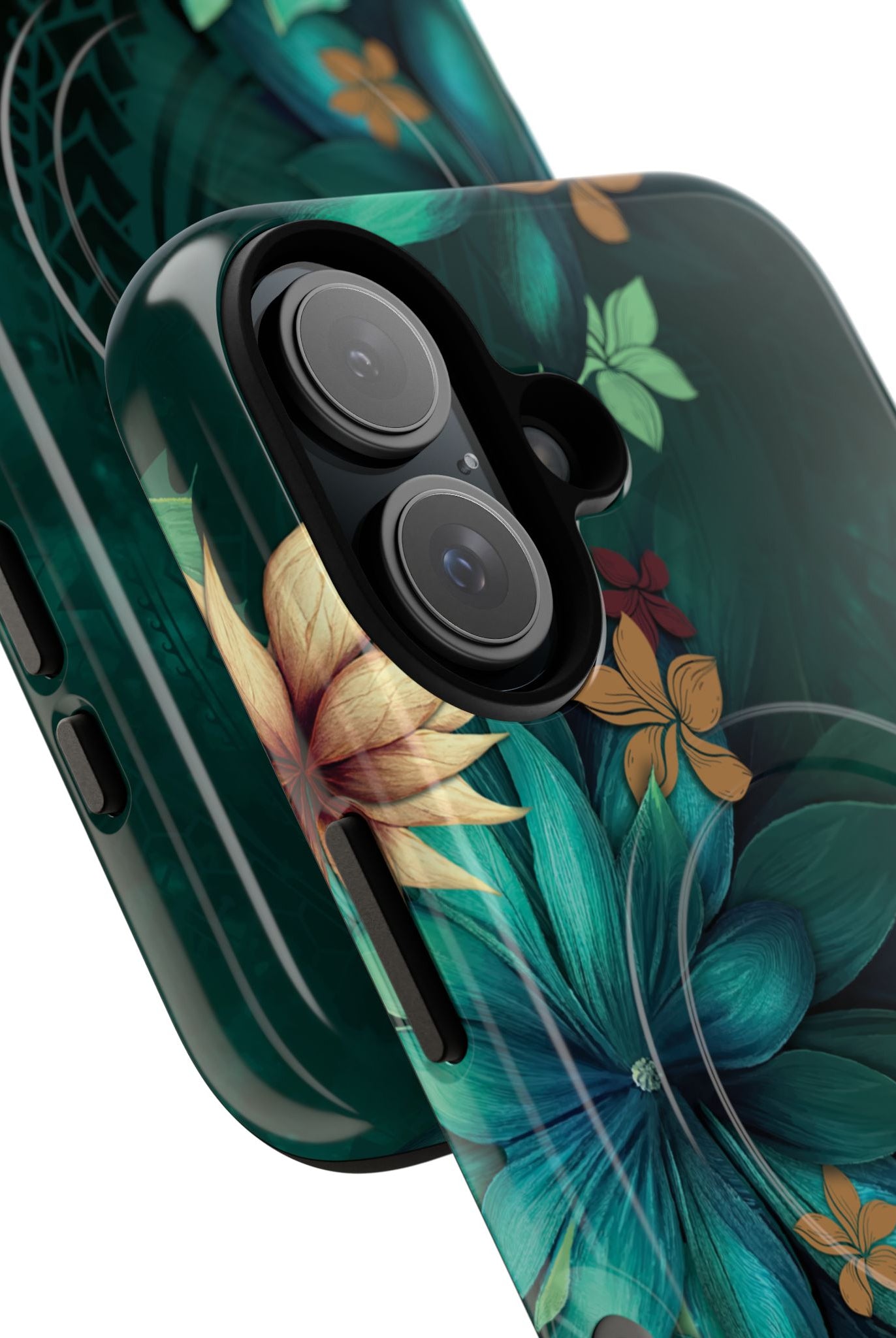 Aloha Whispers MagSafe iPhone Case Detail View - Hawaiian Abstract Green Floral Polynesian Design Close Up - The Local Banyan