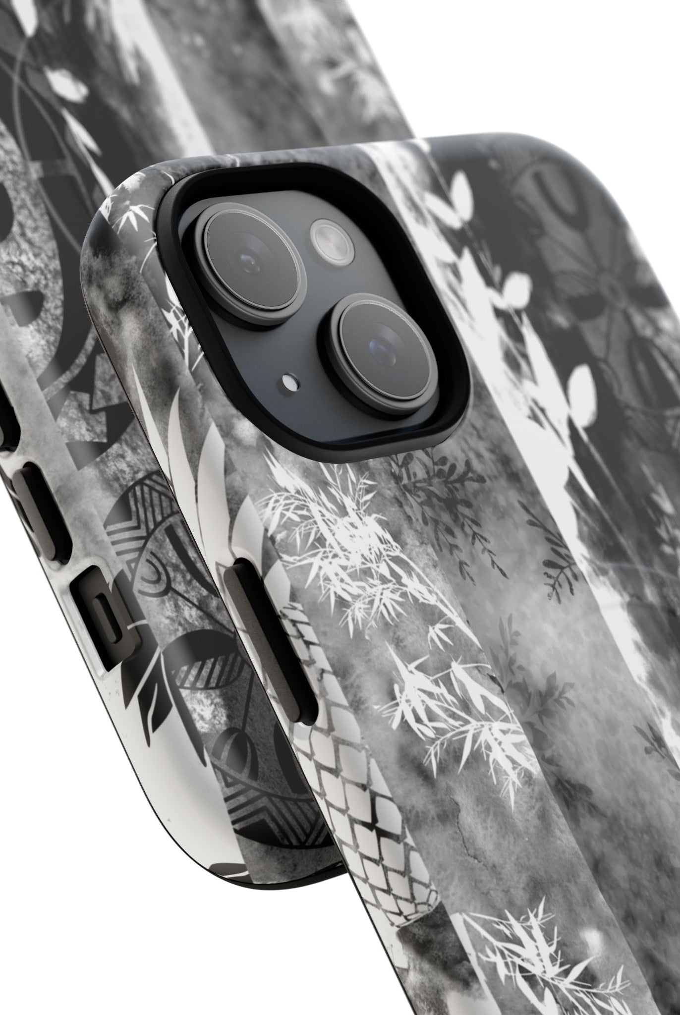 Woman holding Monochrome Oasis MagSafe iPhone Case - Hawaiian Black White Botanical Tribal Design - The Local Banyan