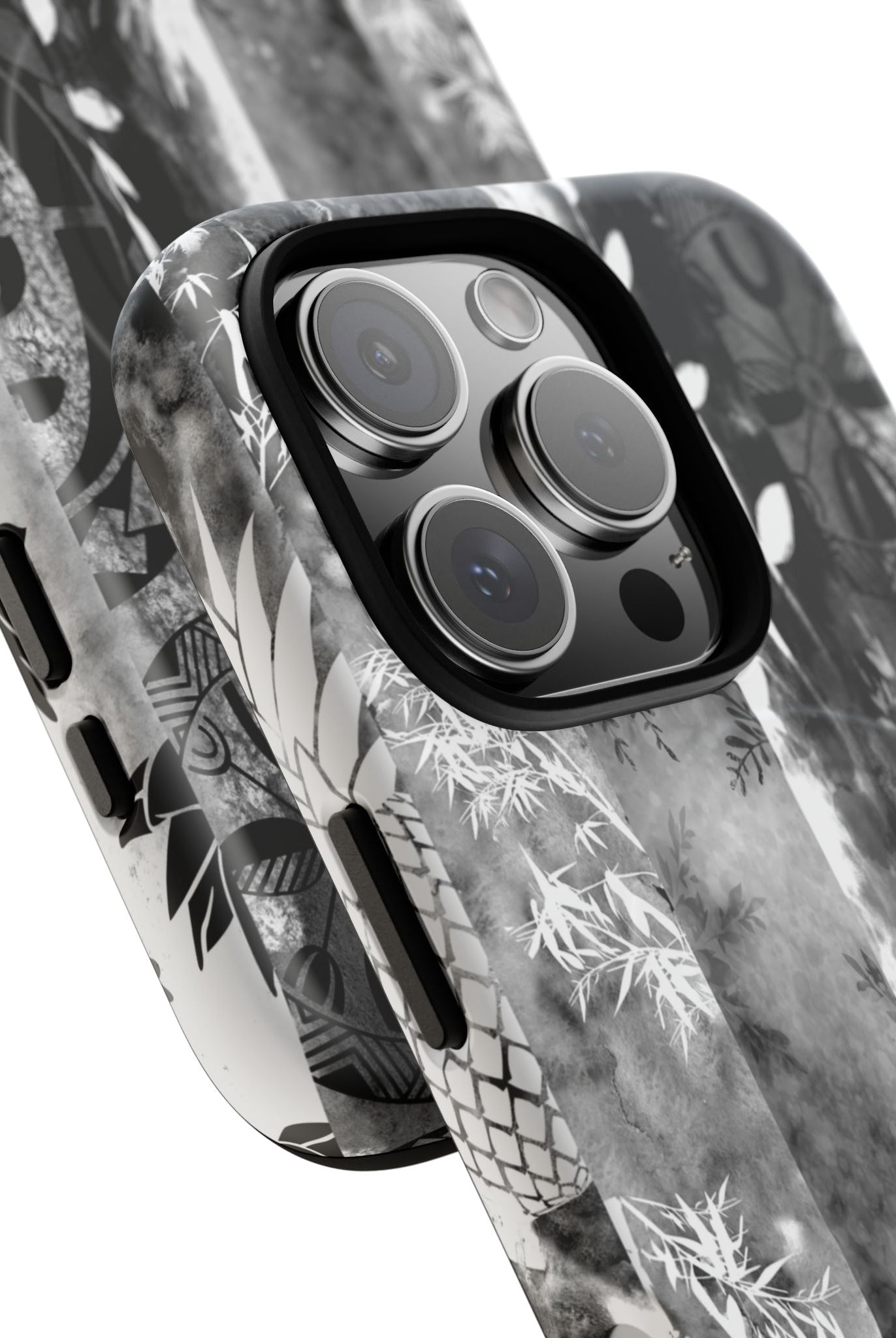 Woman holding Monochrome Oasis MagSafe iPhone Case - Hawaiian Black White Botanical Tribal Design - The Local Banyan