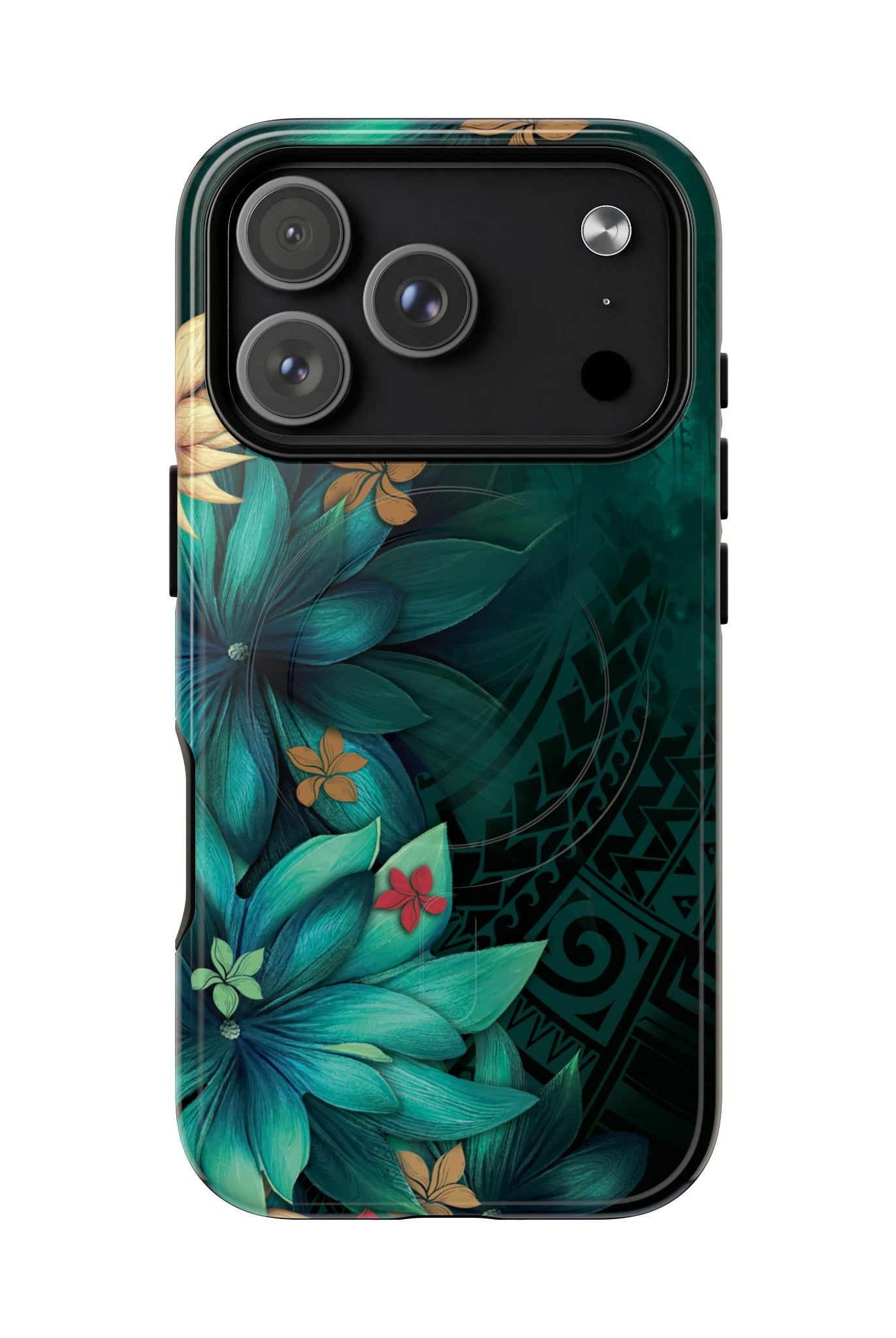 Woman holding Aloha Whispers MagSafe iPhone Case - Hawaiian Abstract Green Floral Polynesian Design - The Local Banyan