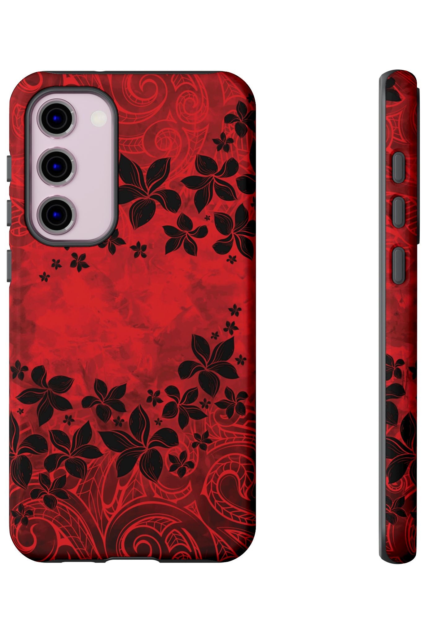Keahi Pua Tough Samsung Galaxy Case Detail View - Hawaiian Fire Flower Red Tribal Floral Design Close Up - The Local Banyan
