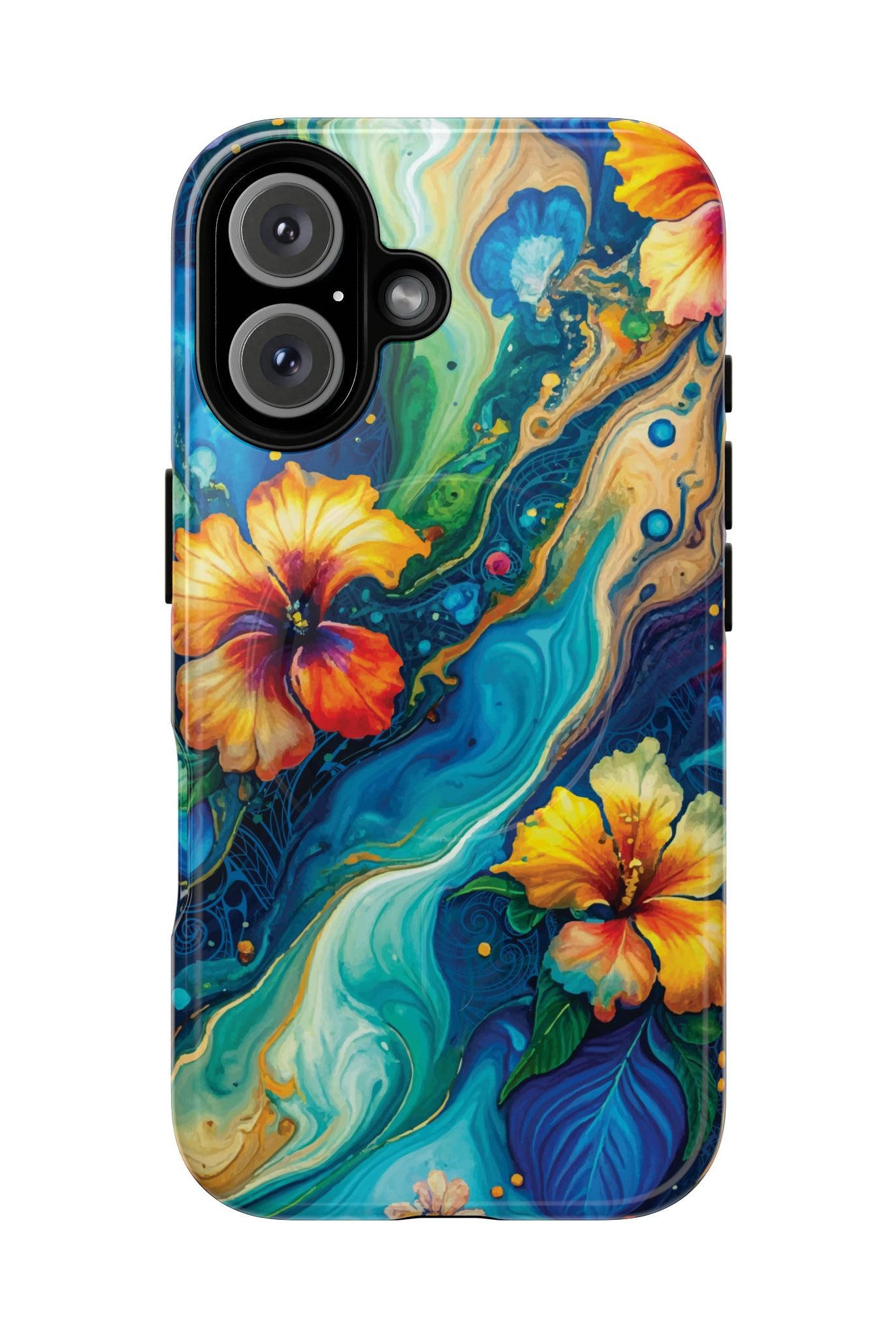 Aloalo Drift MagSafe iPhone Case iPhone 16 Glossy - Hawaiian Hibiscus Teal Ocean Wave Design - The Local Banyan