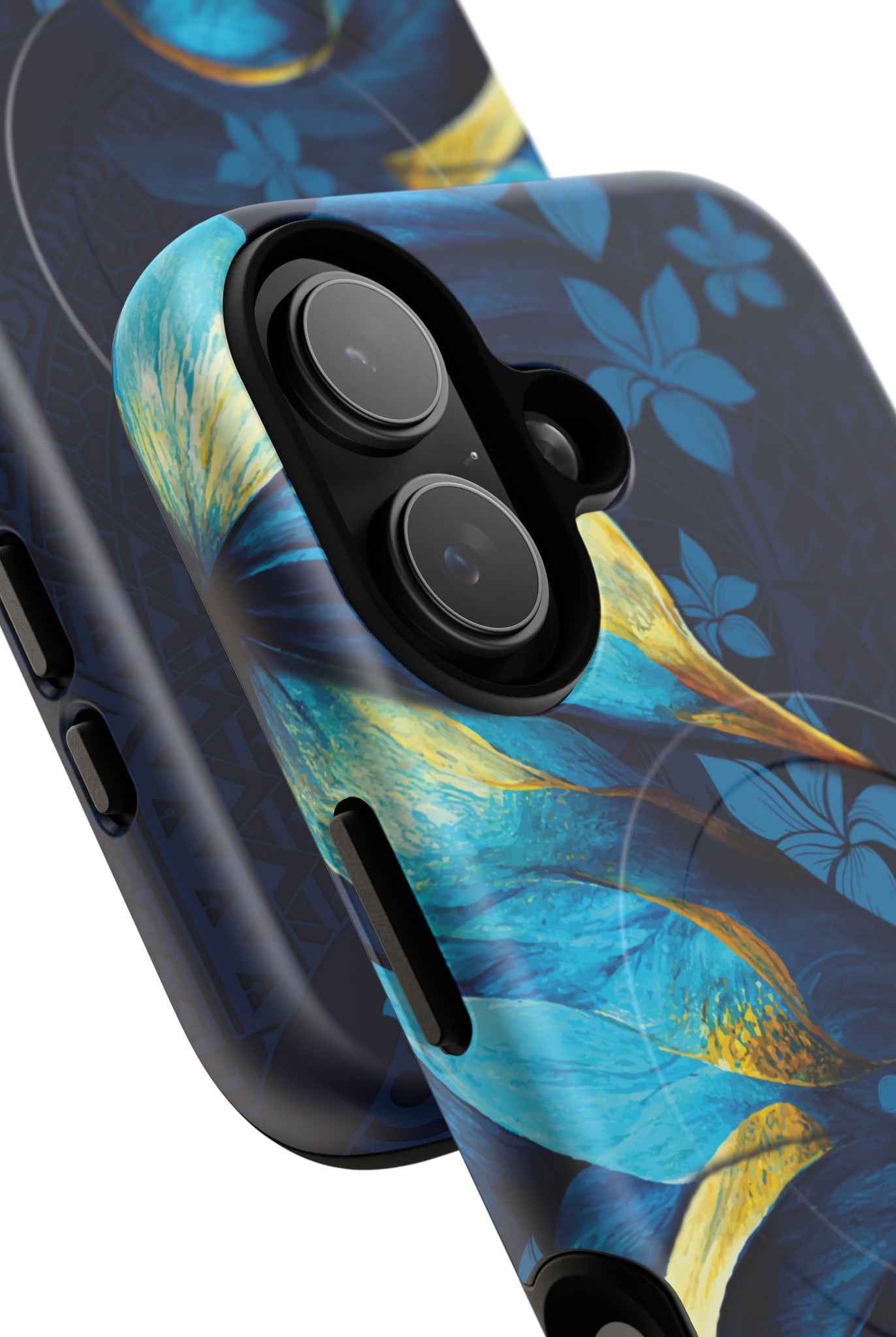 Woman holding Po Mahina MagSafe iPhone Case - Hawaiian Moonlit Teal Gold Floral Design - The Local Banyan