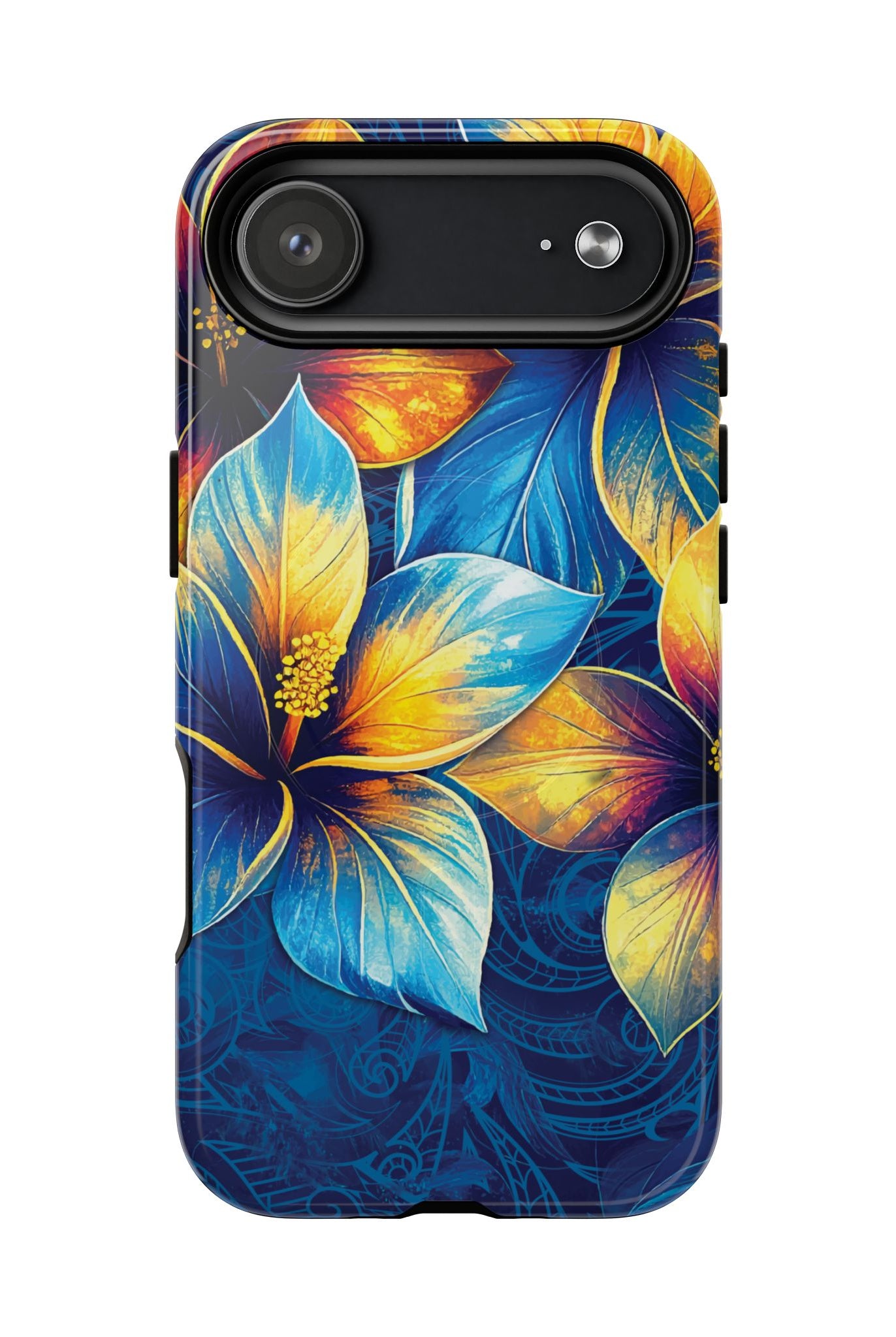 Pua La MagSafe iPhone Case Detail View - Hawaiian Golden Hibiscus Sun Flower Sapphire Design Close Up - The Local Banyan