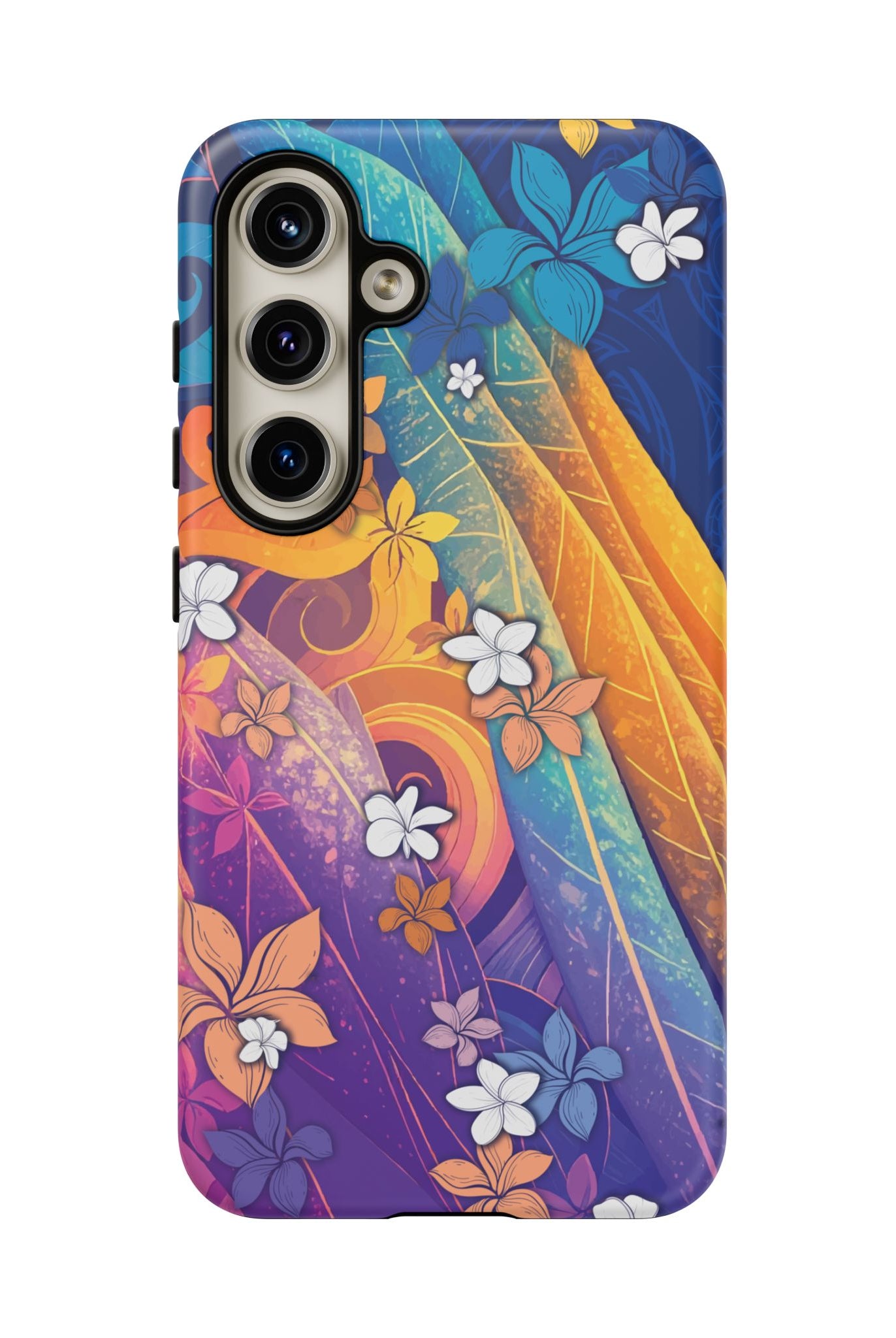 Woman holding Mauna Sunrise Tough Samsung Galaxy Case - Hawaiian Colorful Sunrise Plumeria Design - The Local Banyan