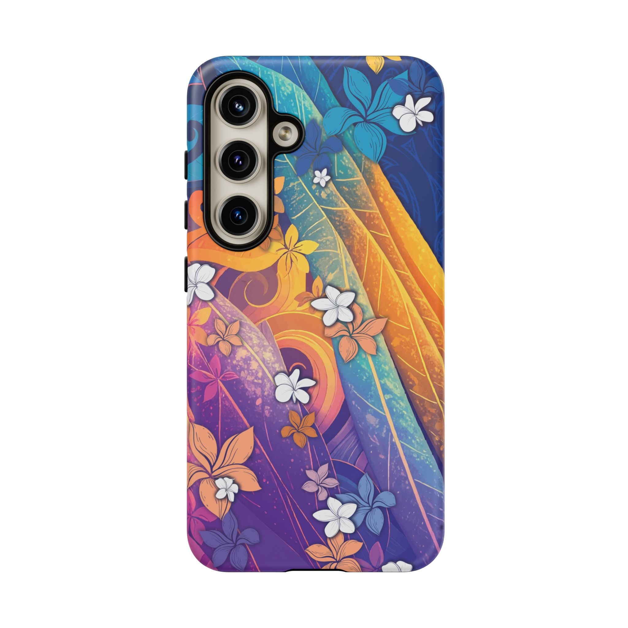 Woman holding Mauna Sunrise Tough Samsung Galaxy Case - Hawaiian Colorful Sunrise Plumeria Design - The Local Banyan