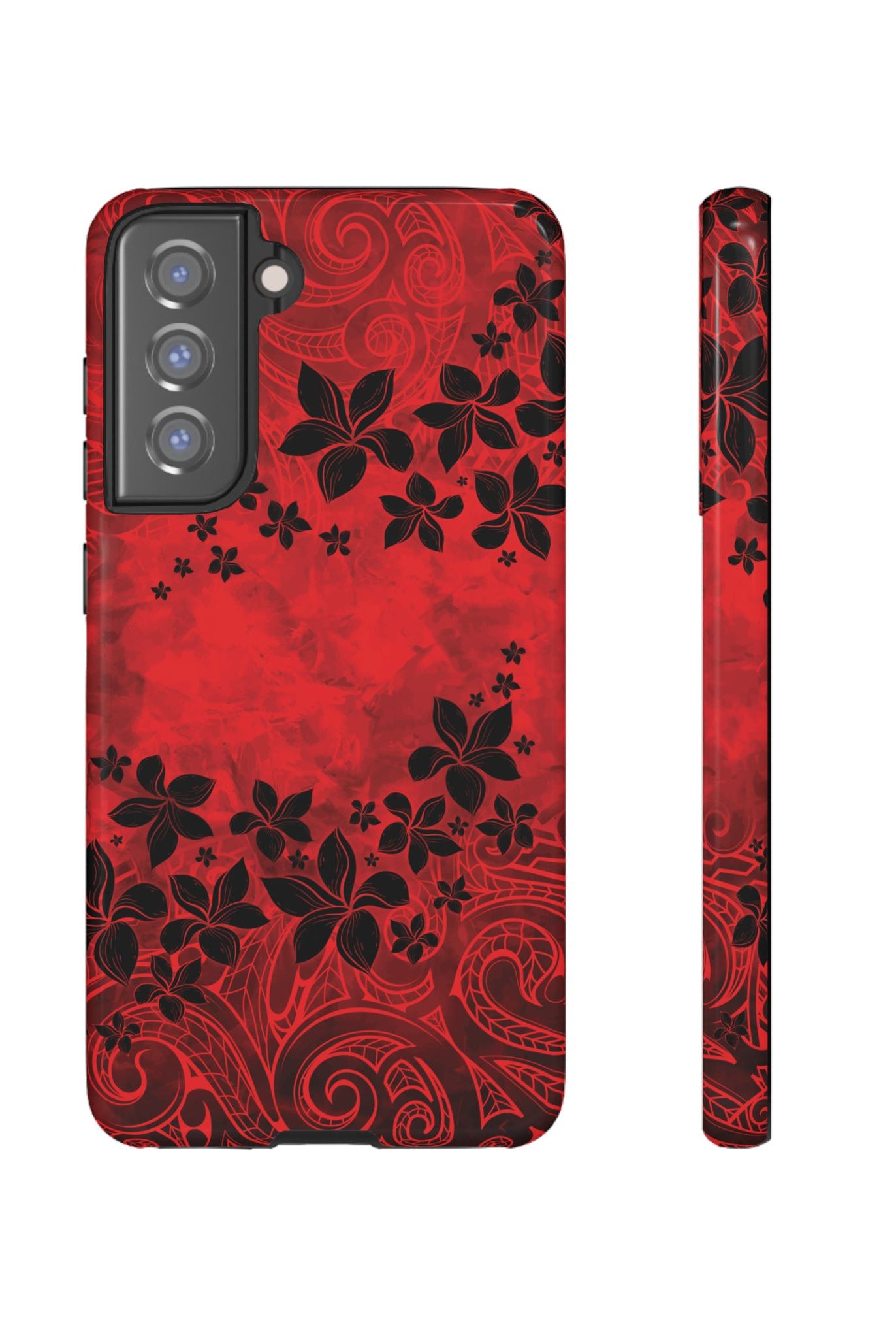 Keahi Pua Tough Samsung Galaxy Case Samsung Galaxy S21 FE Glossy - Hawaiian Fire Flower Red Tribal Floral Design - The Local Banyan