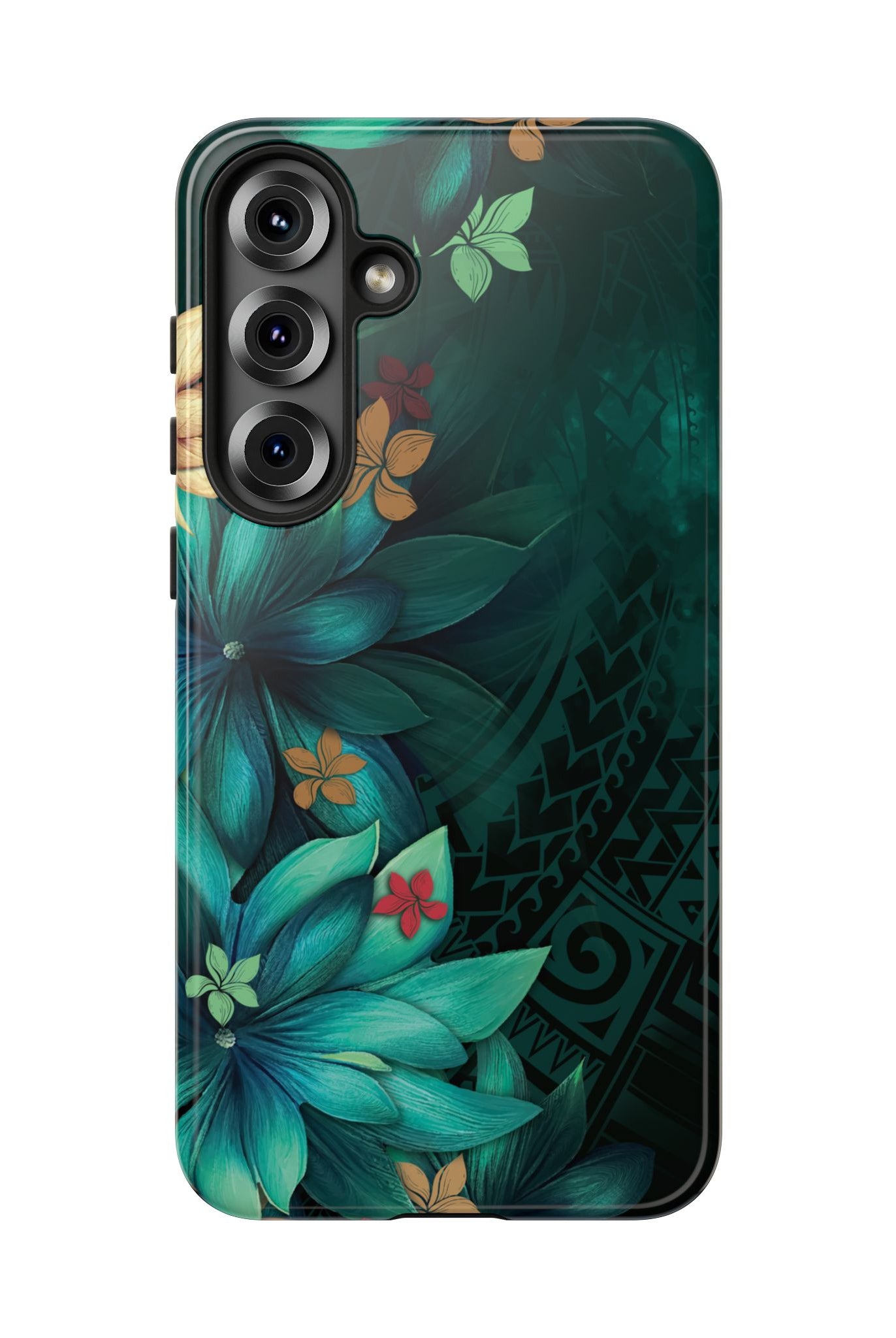 Aloha Whispers Tough Samsung Galaxy Case Detail View - Hawaiian Abstract Green Floral Polynesian Design Close Up - The Local Banyan