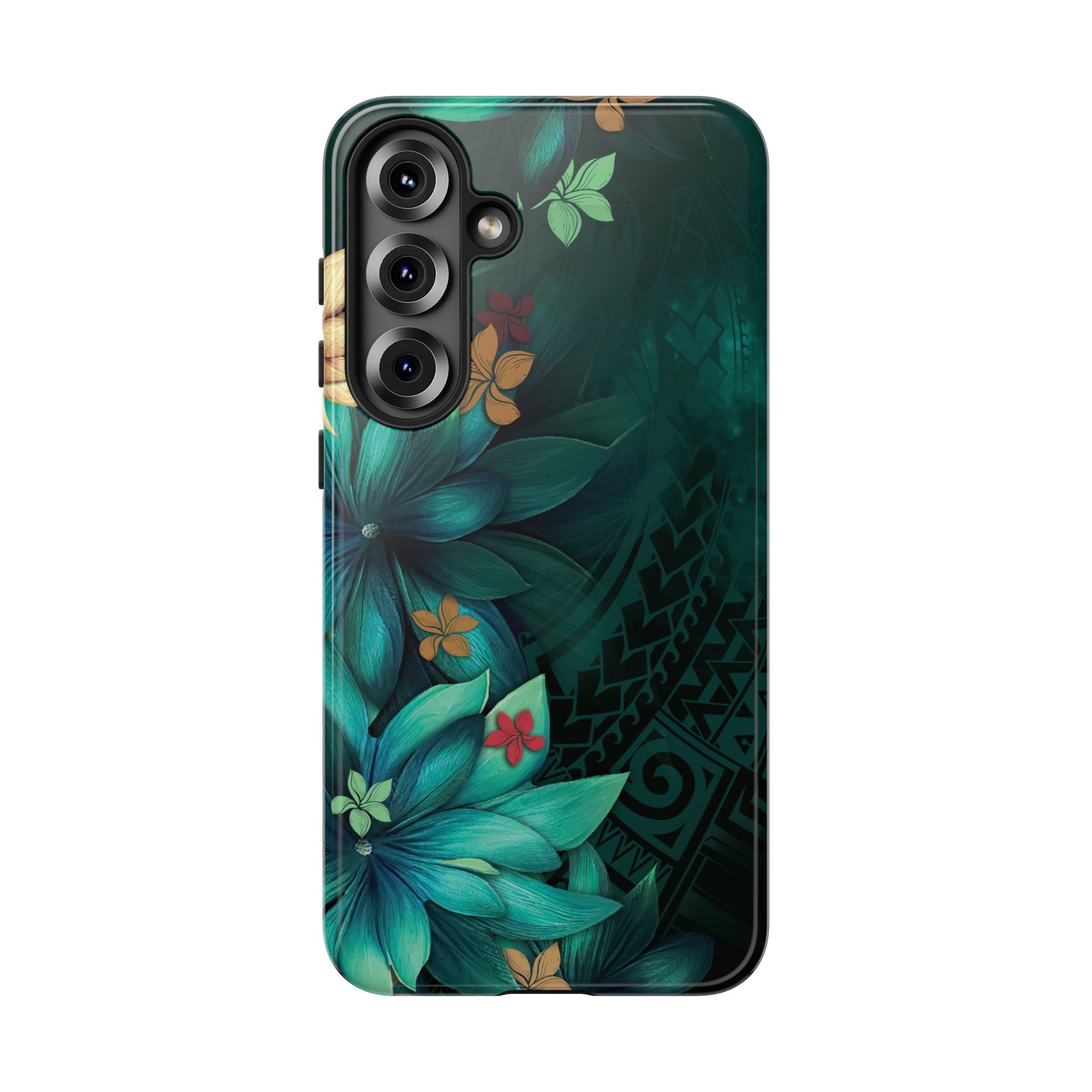 Aloha Whispers Tough Samsung Galaxy Case Detail View - Hawaiian Abstract Green Floral Polynesian Design Close Up - The Local Banyan