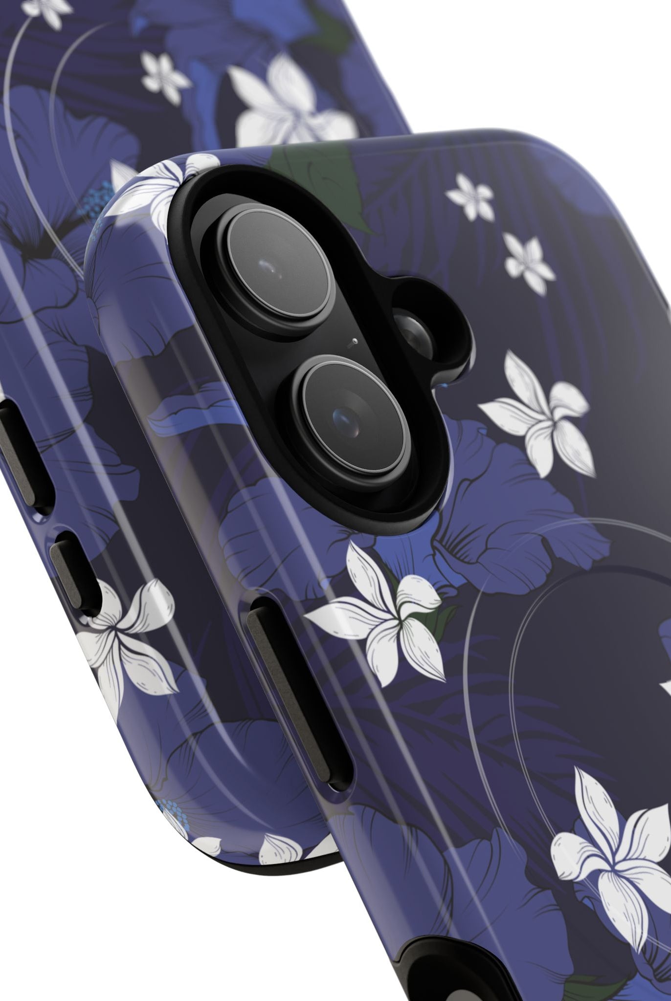 Vintage Blue MagSafe iPhone Case Detail View - Hawaiian Indigo Hibiscus White Plumeria Design Close Up - The Local Banyan