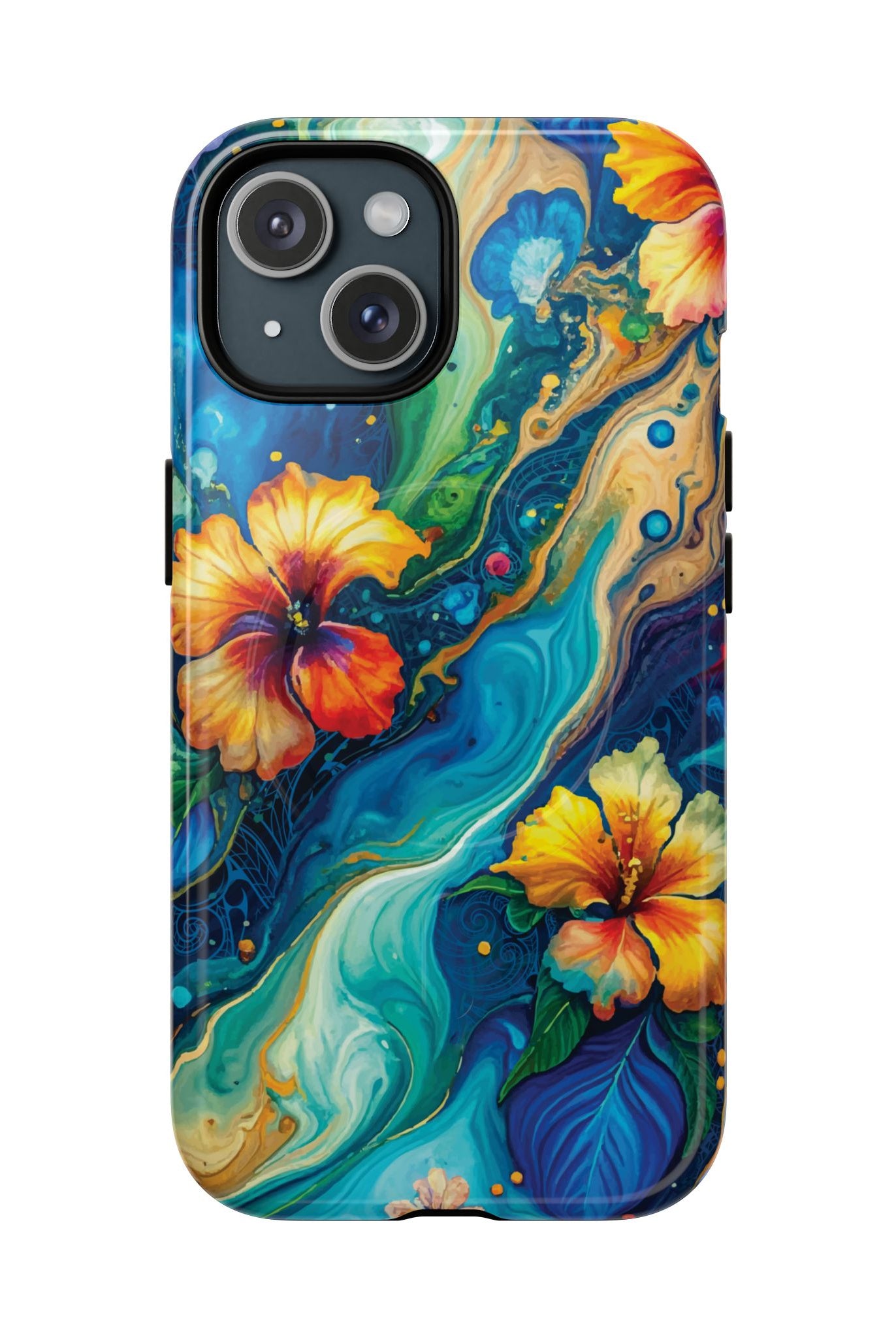 Aloalo Drift MagSafe iPhone Case iPhone 15 Glossy - Hawaiian Hibiscus Teal Ocean Wave Design - The Local Banyan