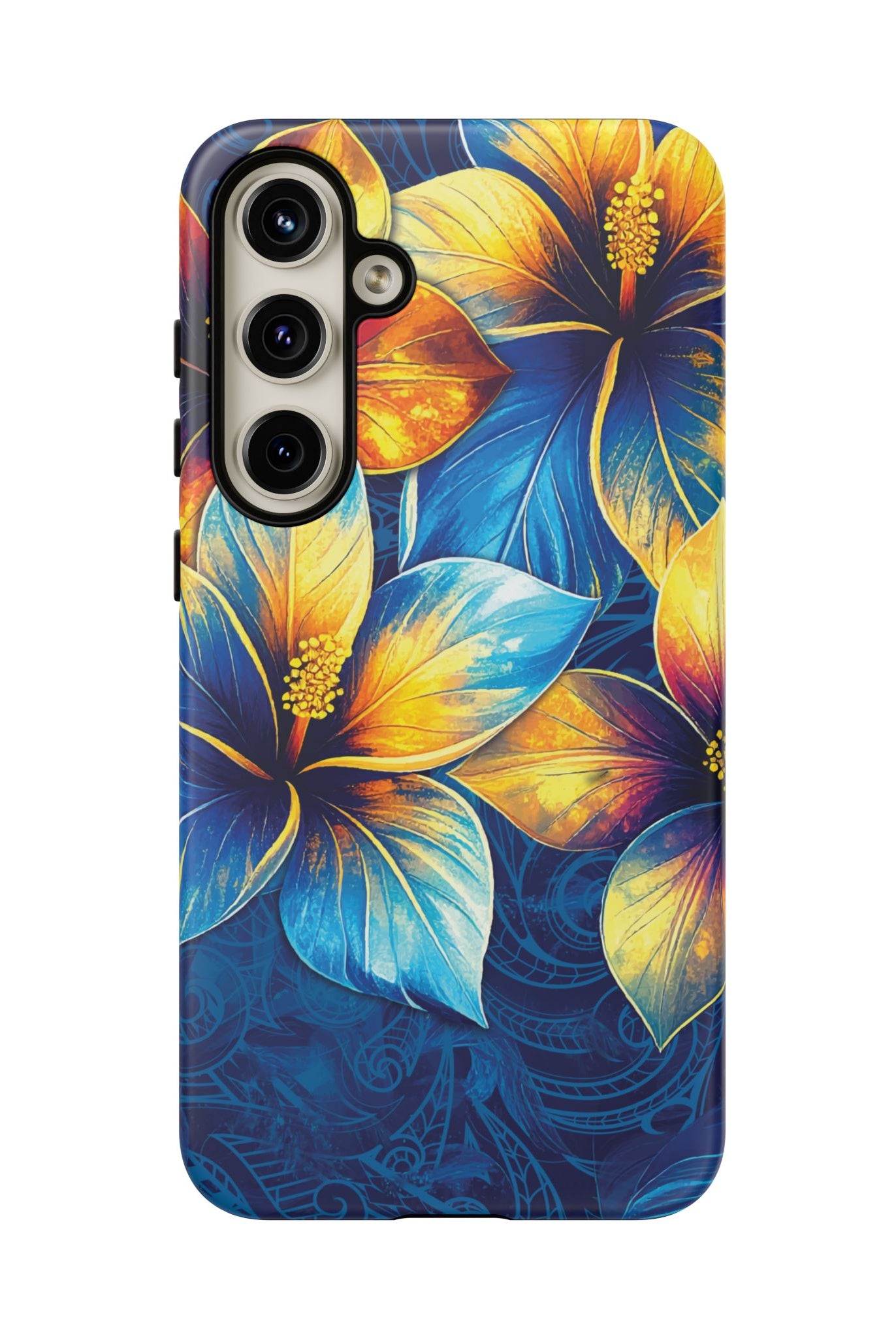 Woman holding Pua La Tough Samsung Galaxy Case - Hawaiian Golden Hibiscus Sun Flower Sapphire Design - The Local Banyan