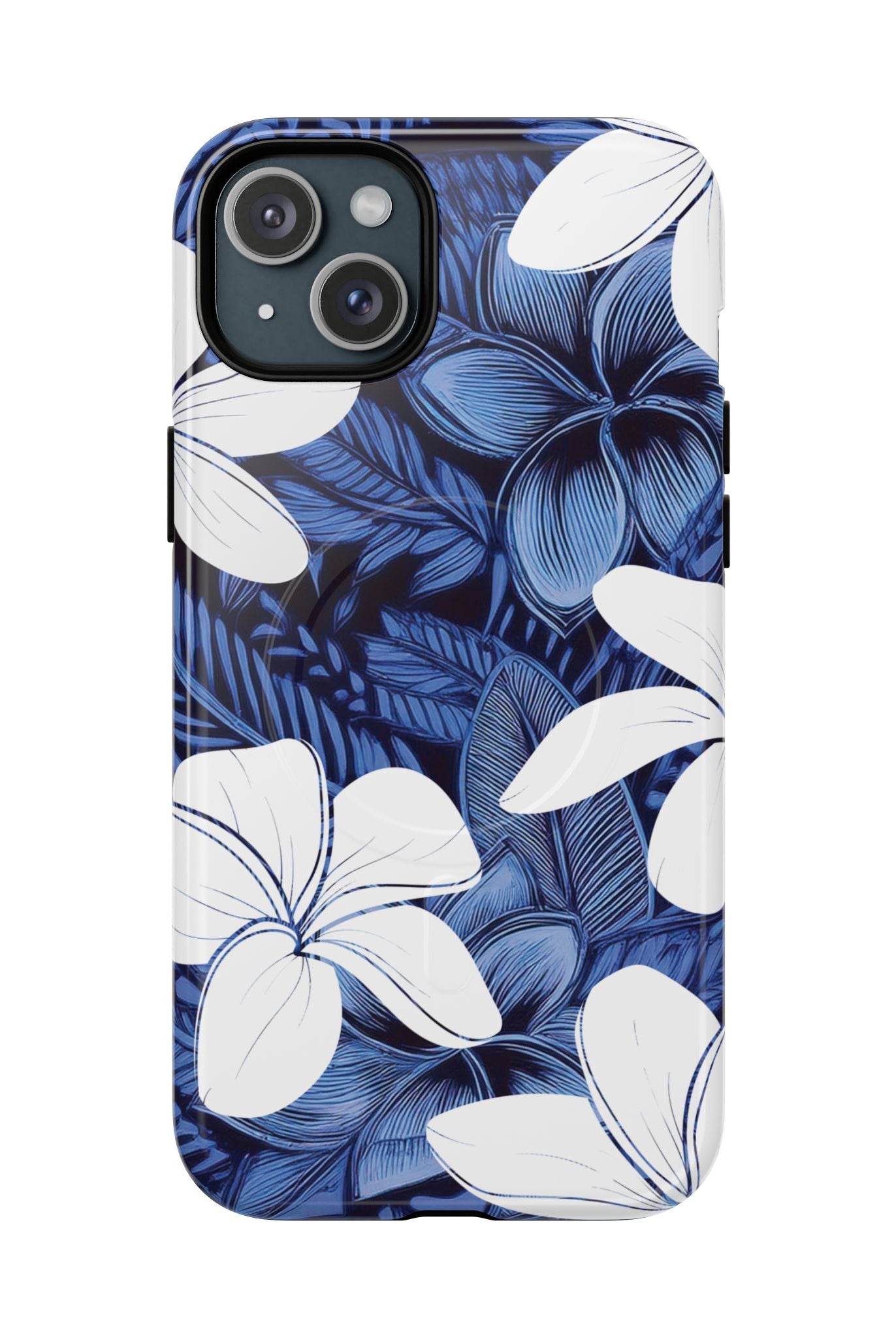 Eternal Blue Plumeria MagSafe iPhone Case iPhone 15 Plus Glossy - Hawaiian Blue Plumeria Ocean Floral Design - The Local Banyan