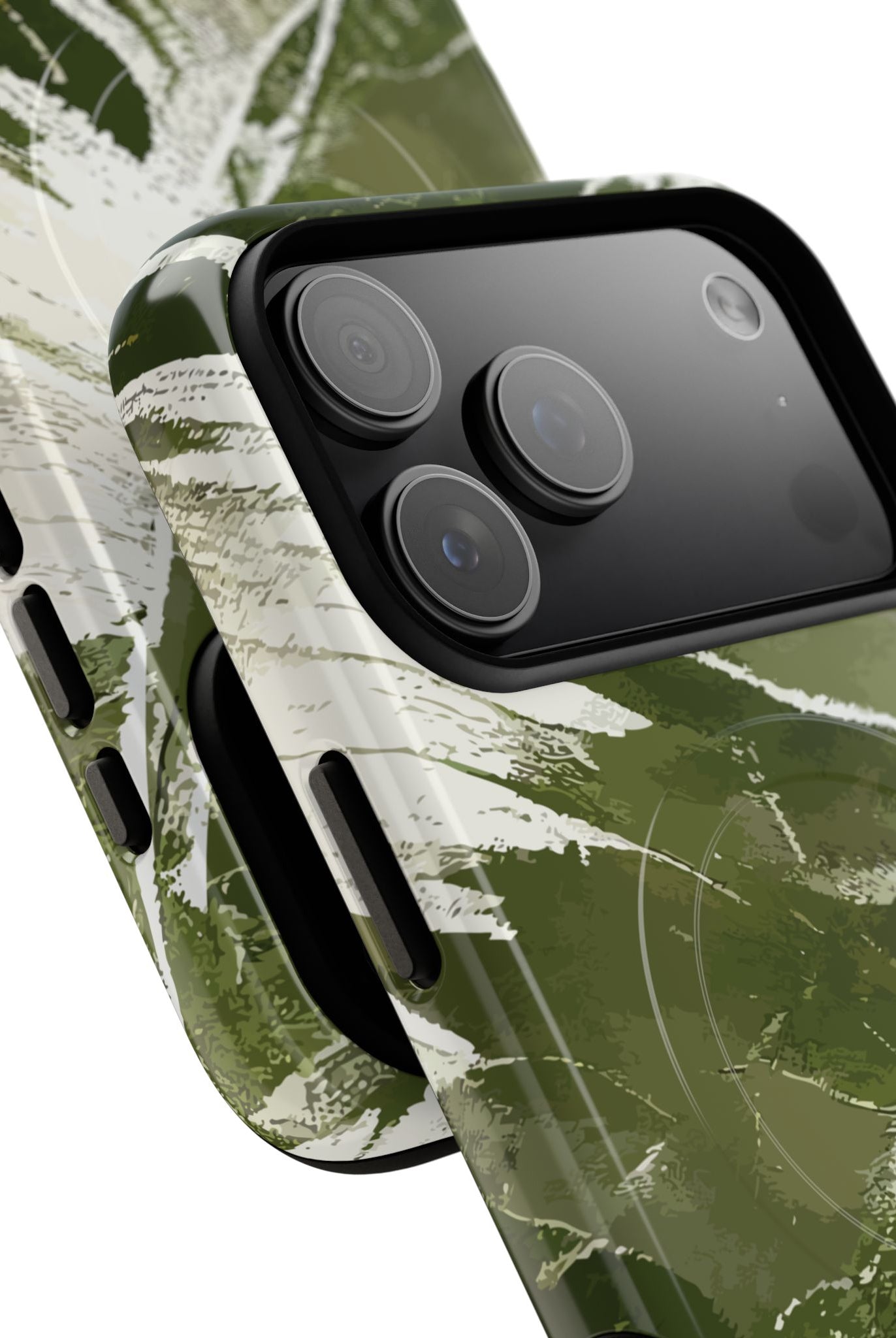 Woman holding Island Breeze MagSafe iPhone Case - Hawaiian Palm Leaf Olive Green Botanical Design - The Local Banyan