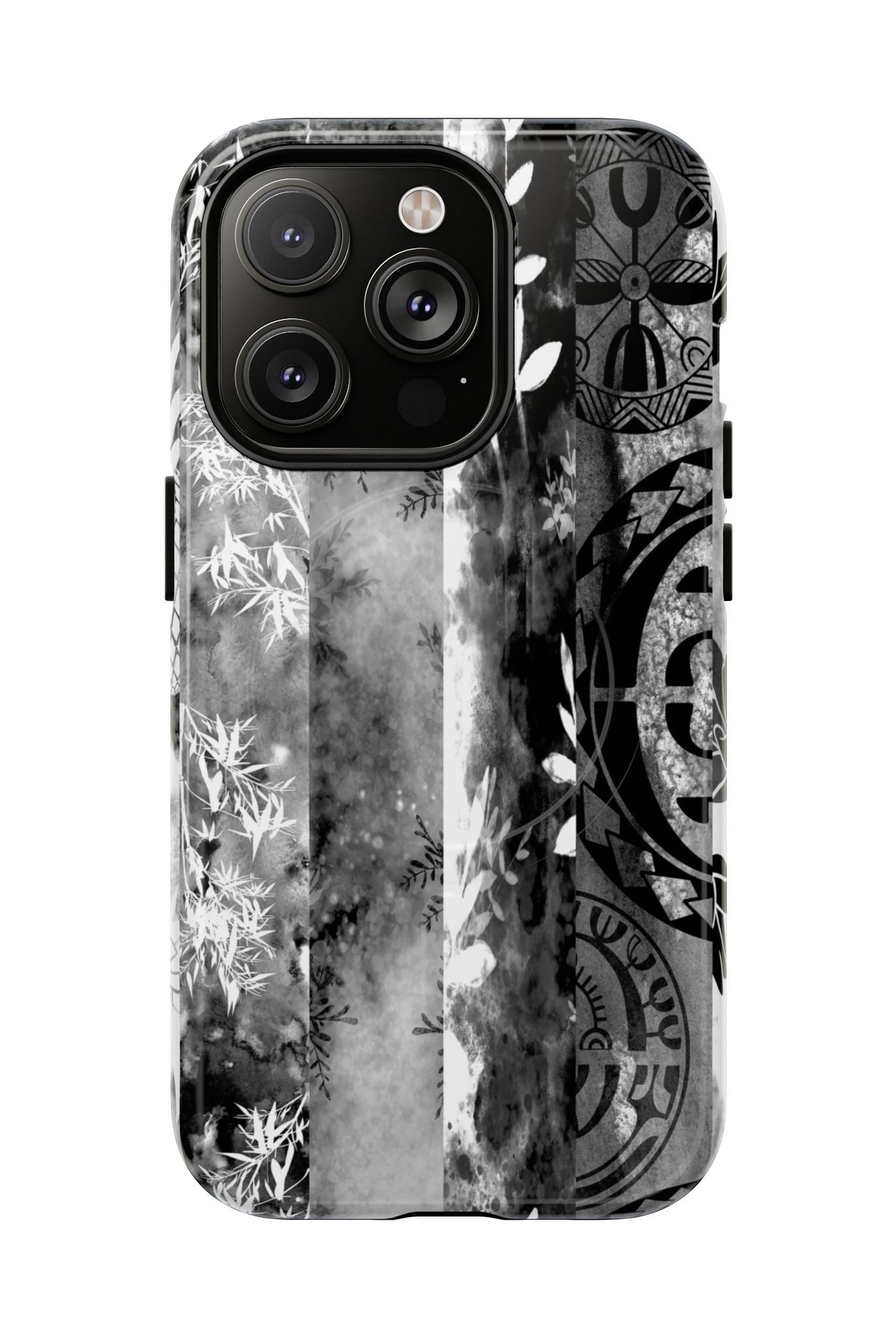 Monochrome Oasis MagSafe iPhone Case iPhone 14 Pro Glossy - Hawaiian Black White Botanical Tribal Design - The Local Banyan