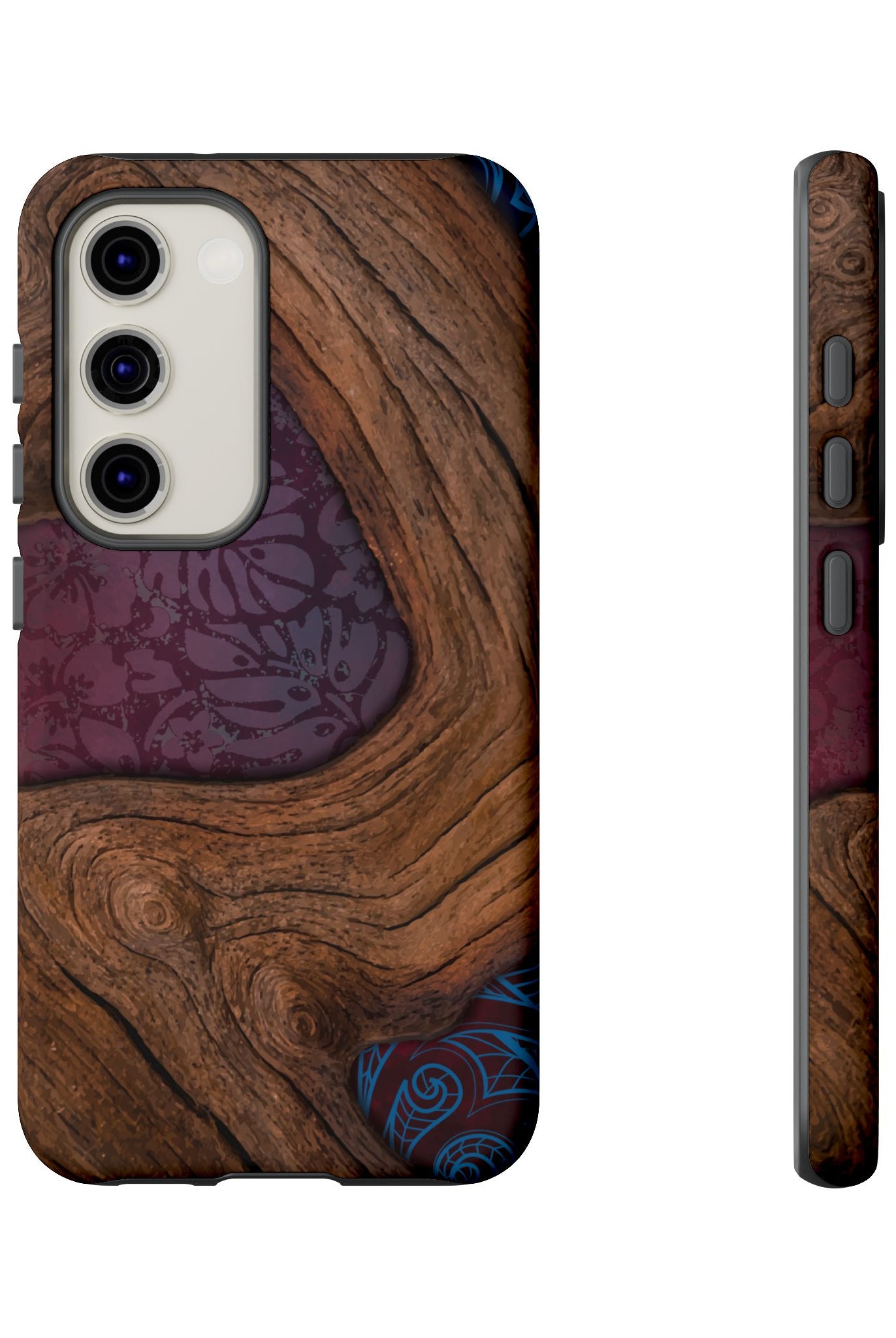 Rooted Tough Samsung Galaxy Case Detail View - Hawaiian Koa Wood Island Strength Tribal Design Close Up - The Local Banyan