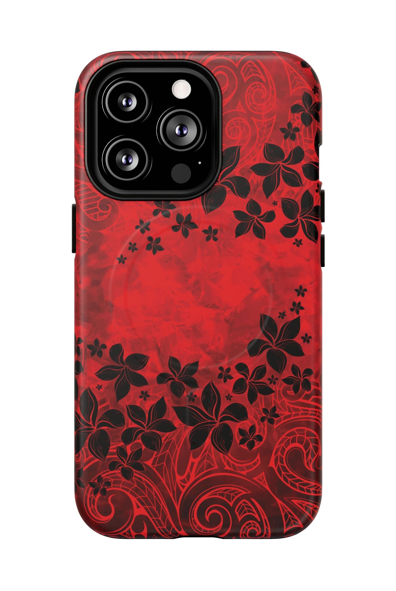 Keahi Pua MagSafe iPhone Case Detail View - Hawaiian Fire Flower Red Tribal Floral Design Close Up - The Local Banyan