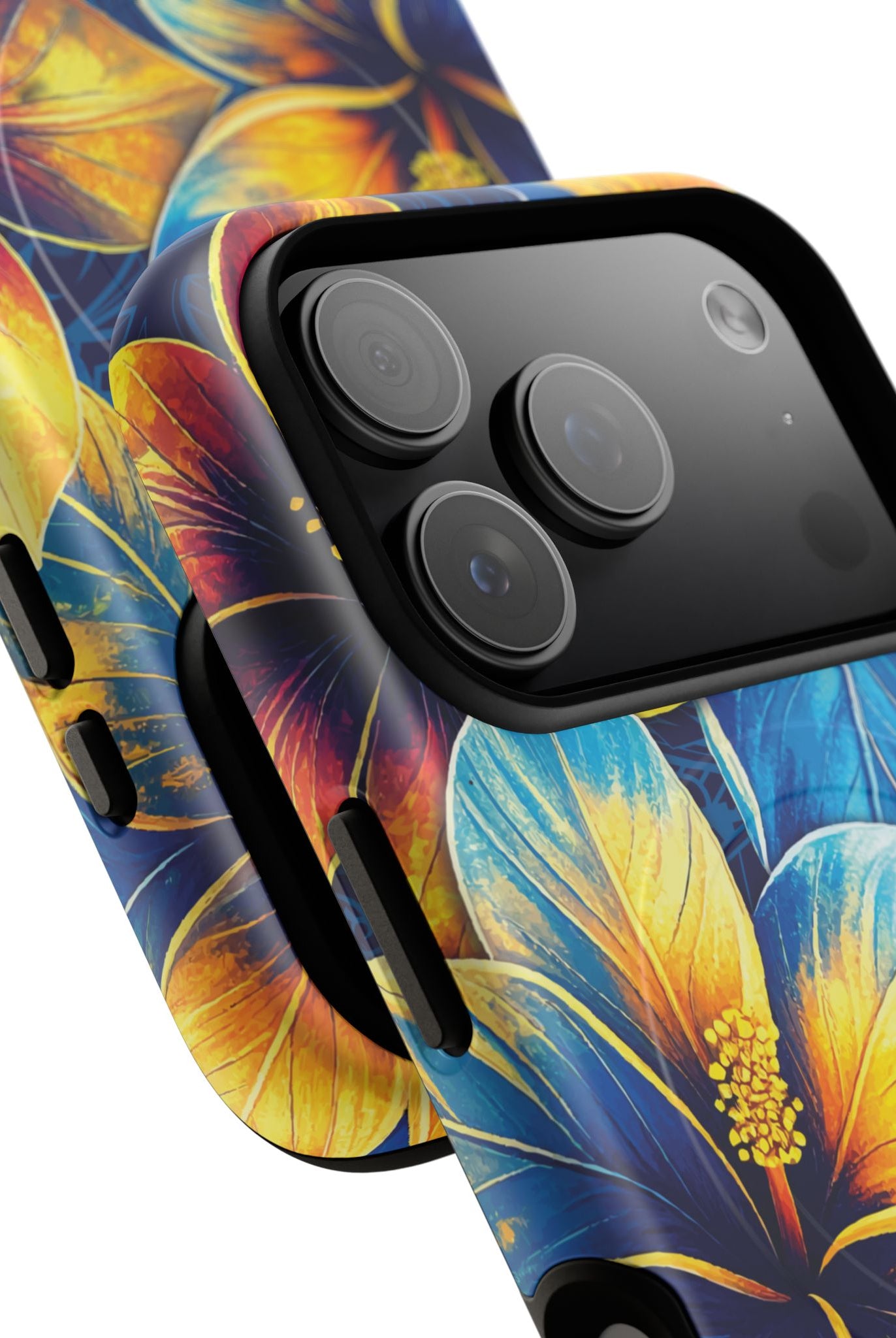 Woman holding Pua La MagSafe iPhone Case - Hawaiian Golden Hibiscus Sun Flower Sapphire Design - The Local Banyan