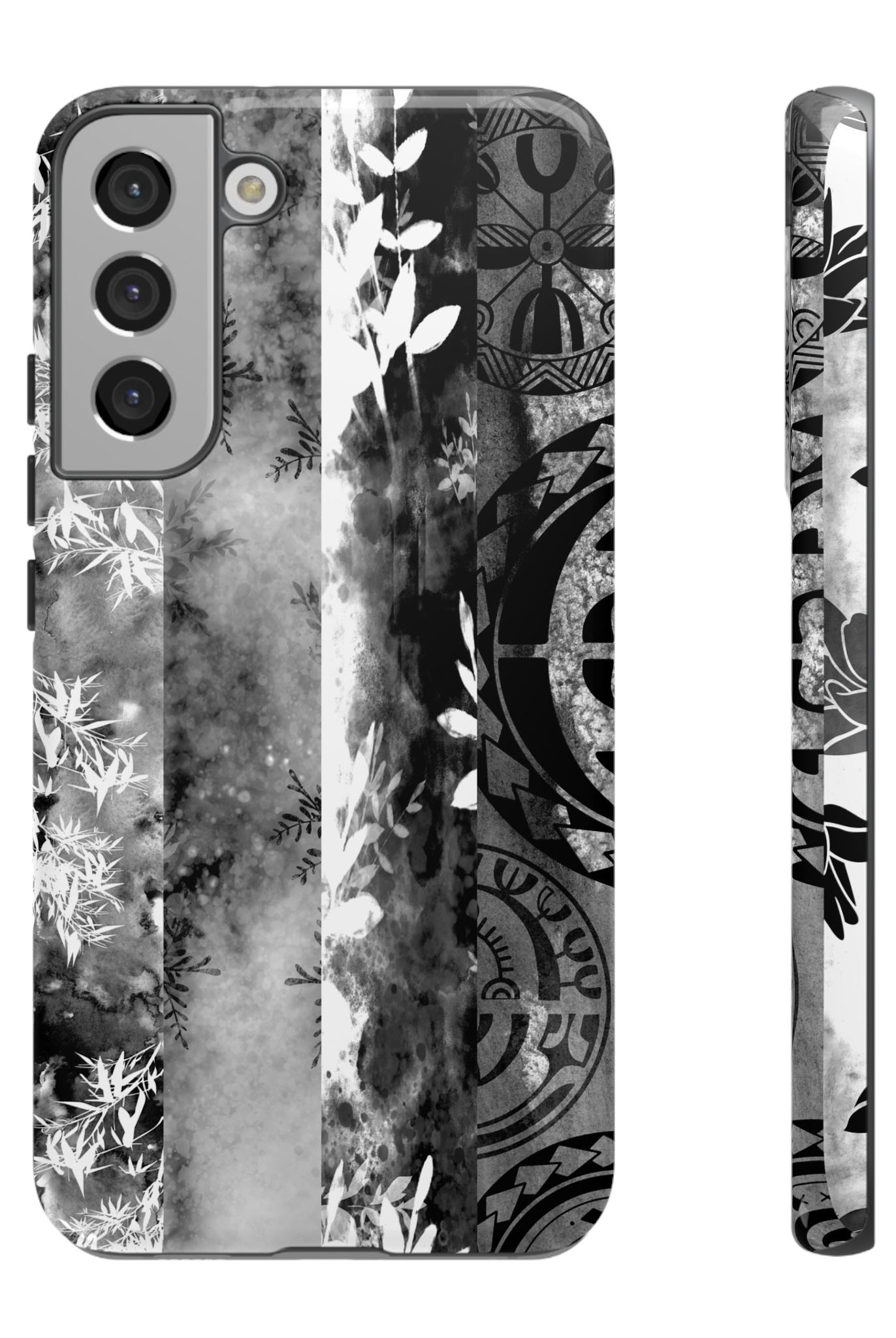 Monochrome Oasis Tough Samsung Galaxy Case Samsung Galaxy S22 Plus Glossy - Hawaiian Black White Botanical Tribal Design - The Local Banyan