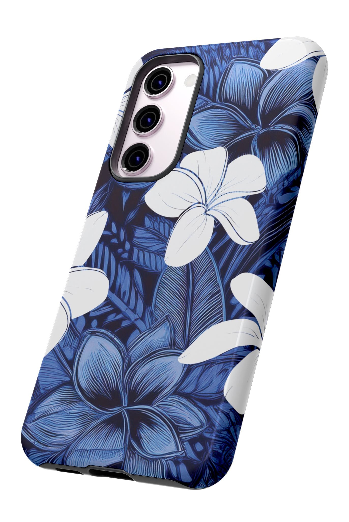Woman holding Eternal Blue Plumeria Tough Samsung Galaxy Case - Hawaiian Blue Plumeria Ocean Floral Design - The Local Banyan