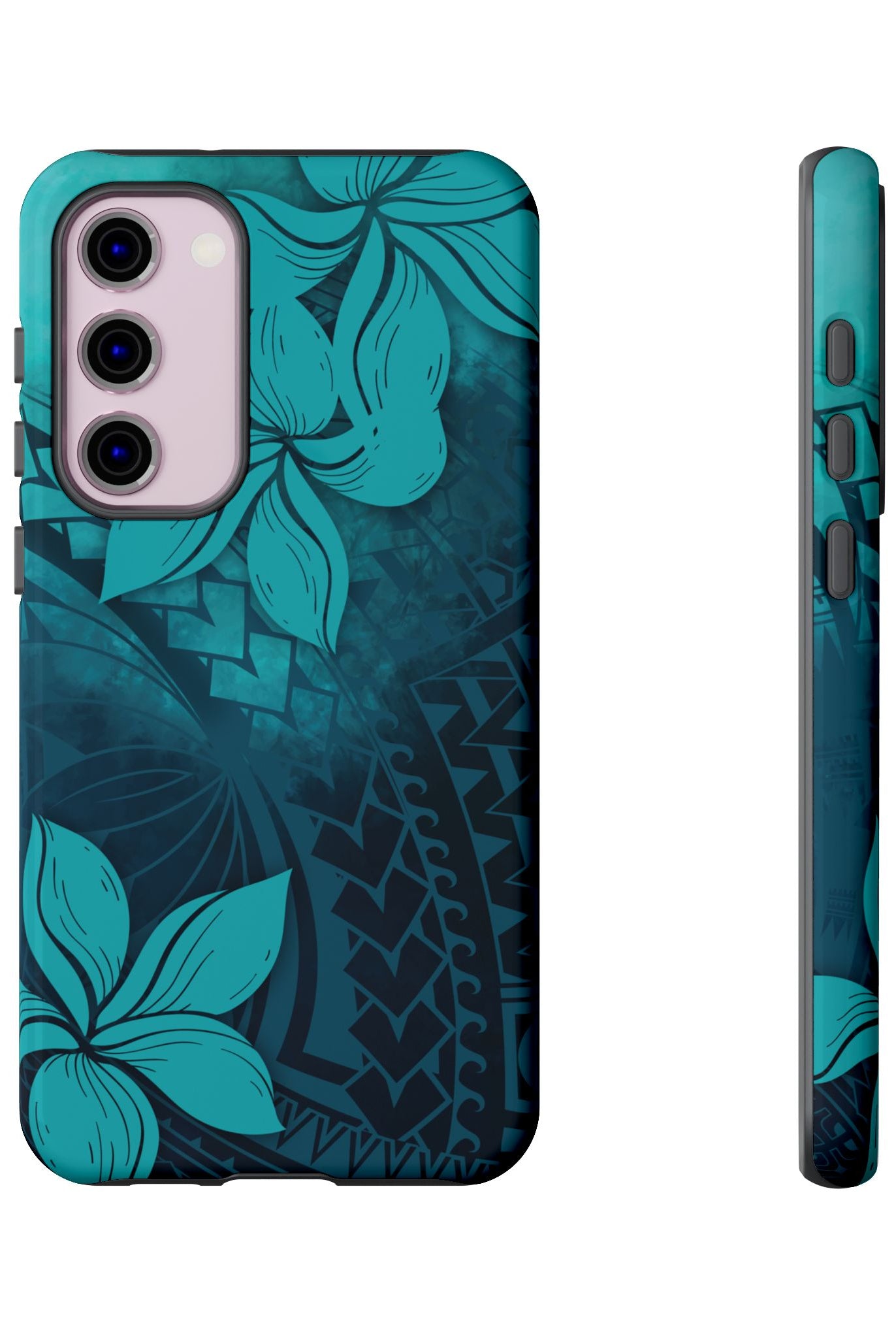 Woman holding Moana Bloom Tough Samsung Galaxy Case - Hawaiian Teal Plumeria Ocean Tribal Design - The Local Banyan