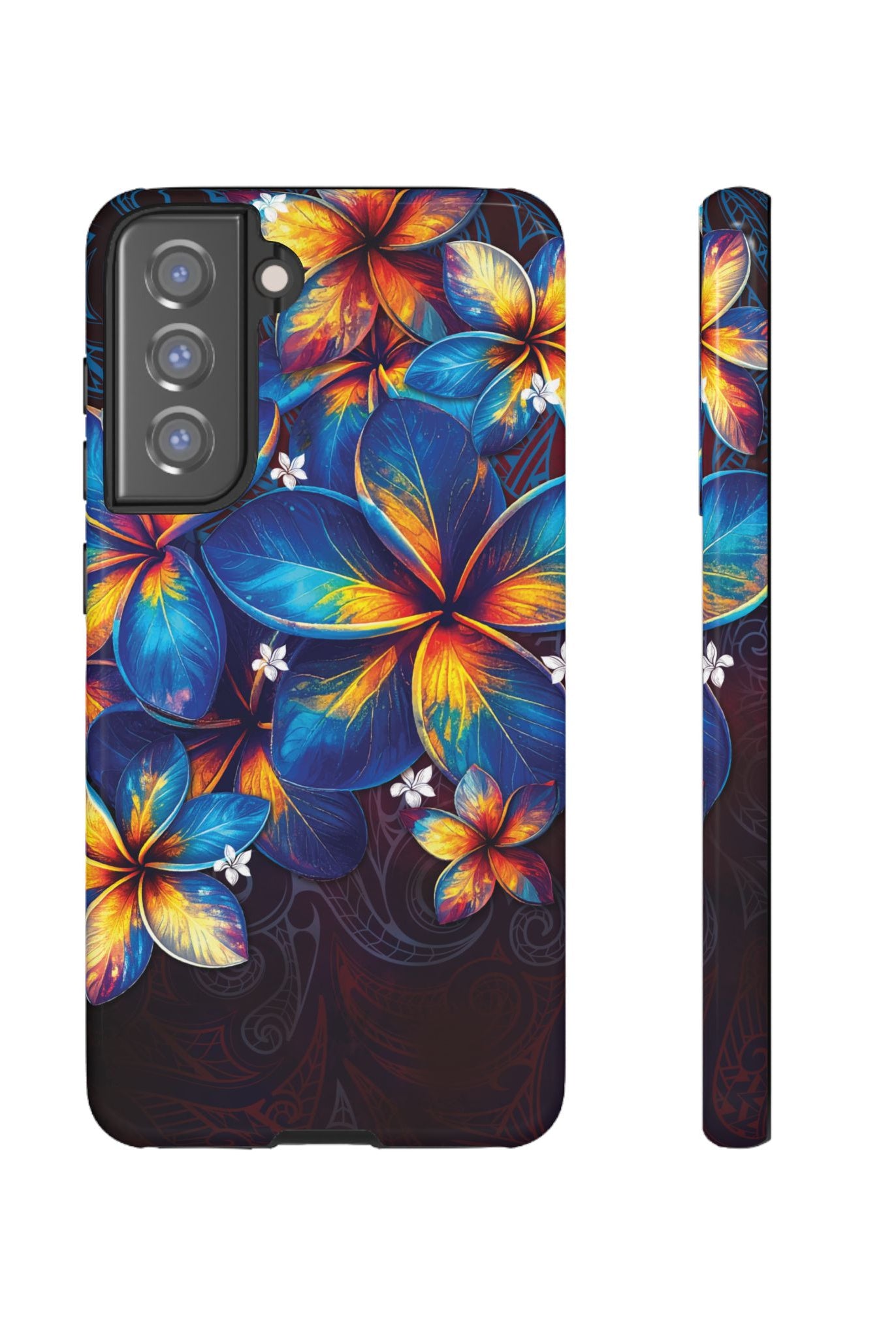 Nohea Twilight Tough Samsung Galaxy Case Samsung Galaxy S21 FE Glossy - Hawaiian Blue Orange Plumeria Twilight Design - The Local Banyan