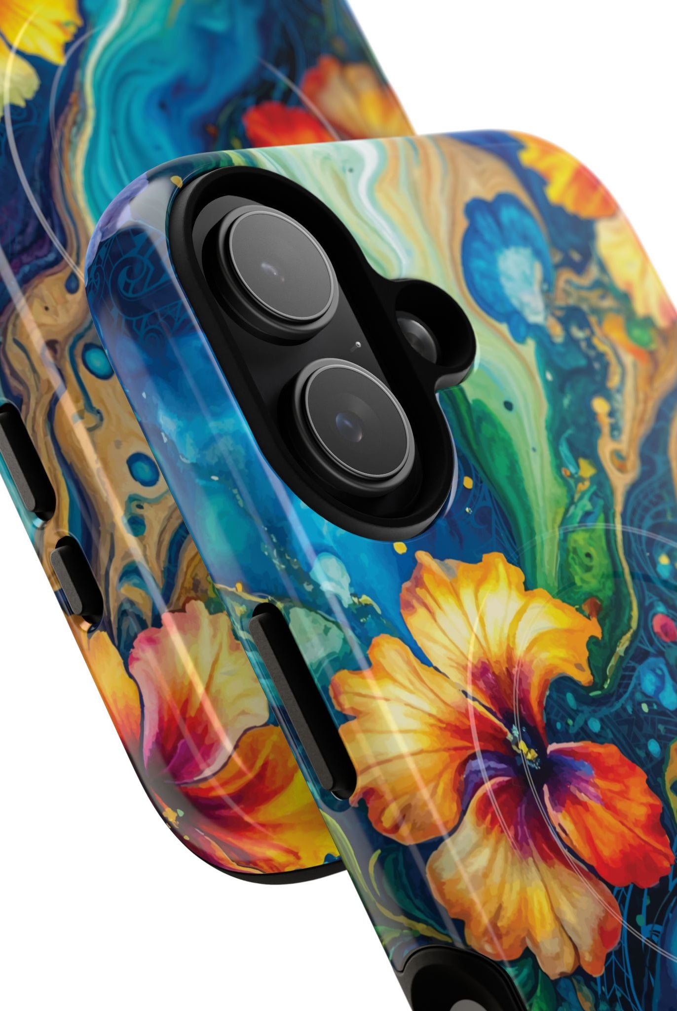 Woman holding Aloalo Drift MagSafe iPhone Case - Hawaiian Hibiscus Teal Ocean Wave Design - The Local Banyan