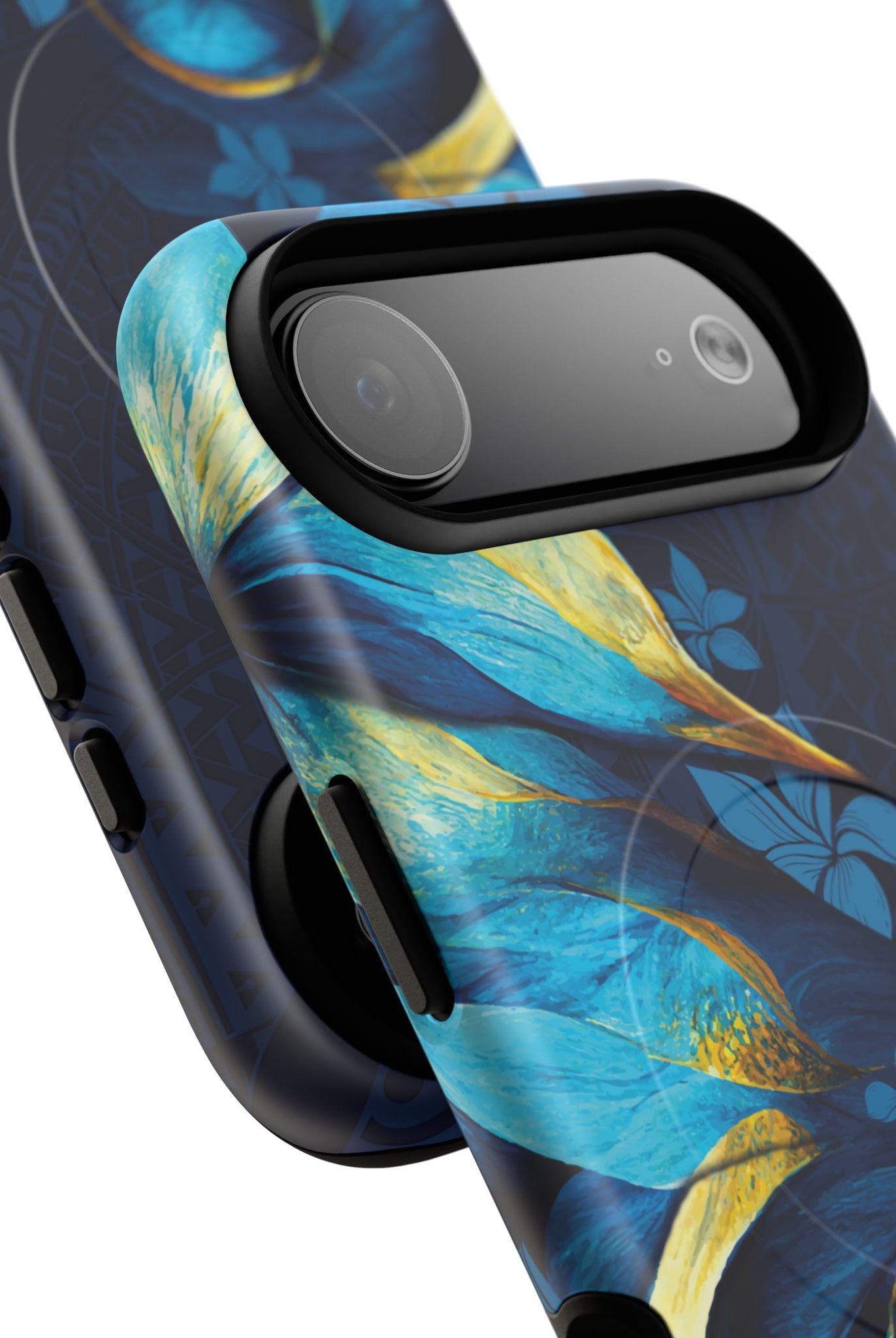 Po Mahina MagSafe iPhone Case Detail View - Hawaiian Moonlit Teal Gold Floral Design Close Up - The Local Banyan