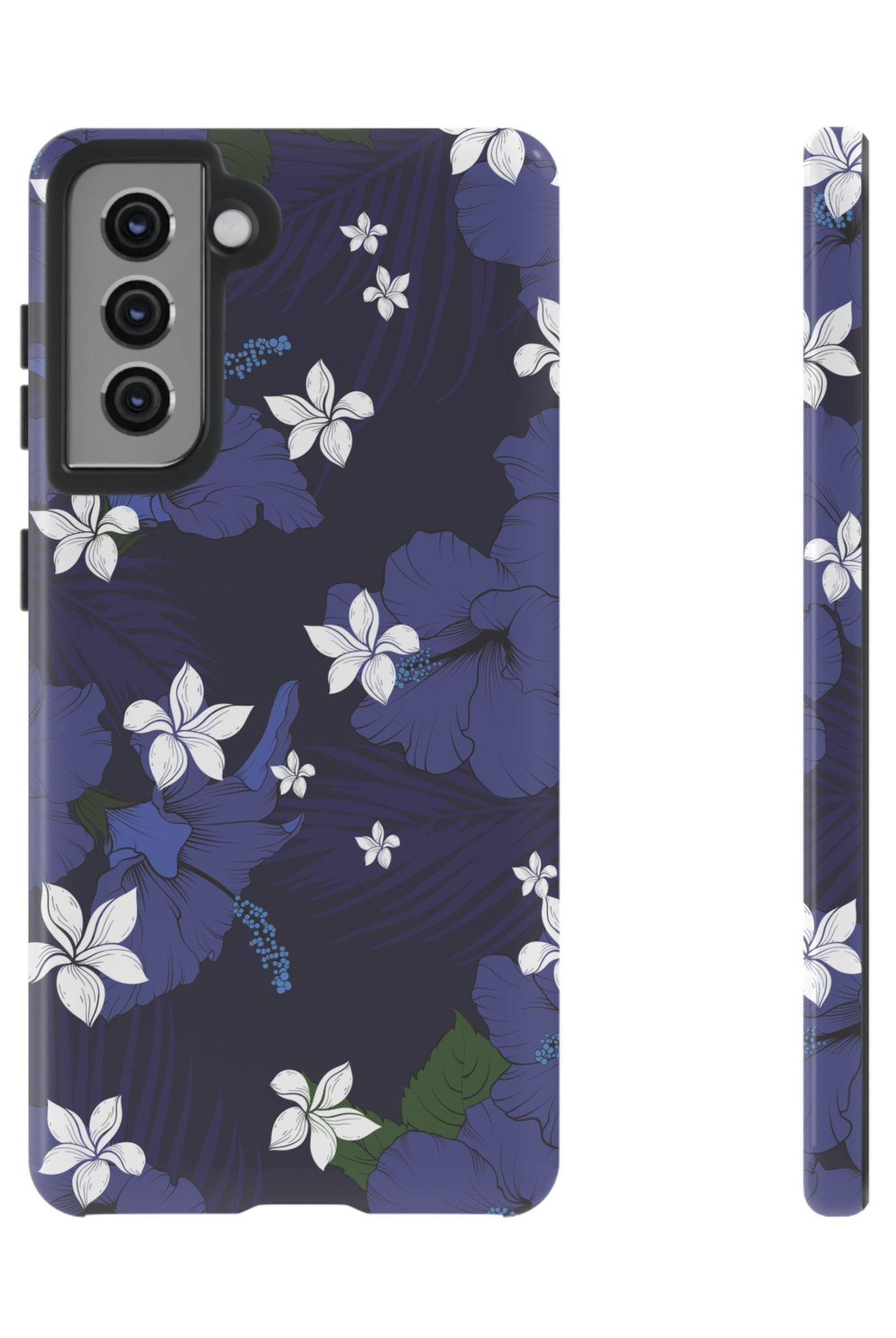Vintage Blue Tough Samsung Galaxy Case Samsung Galaxy S21 Glossy - Hawaiian Indigo Hibiscus White Plumeria Design - The Local Banyan