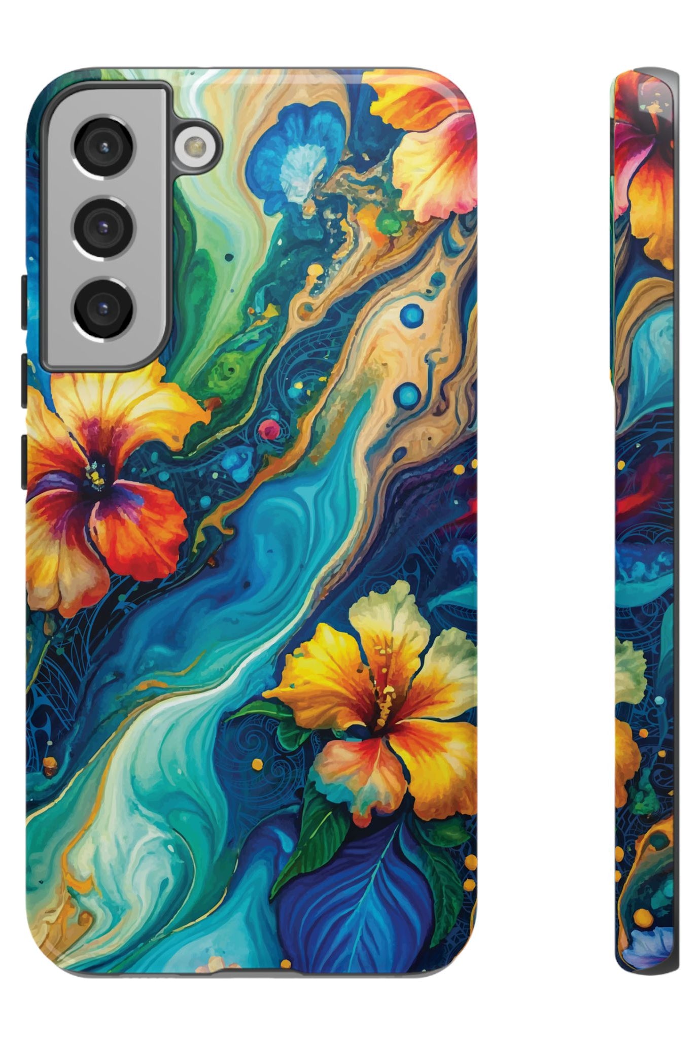 Aloalo Drift Tough Samsung Galaxy Case Samsung Galaxy S22 Plus Glossy - Hawaiian Hibiscus Teal Ocean Wave Design - The Local Banyan