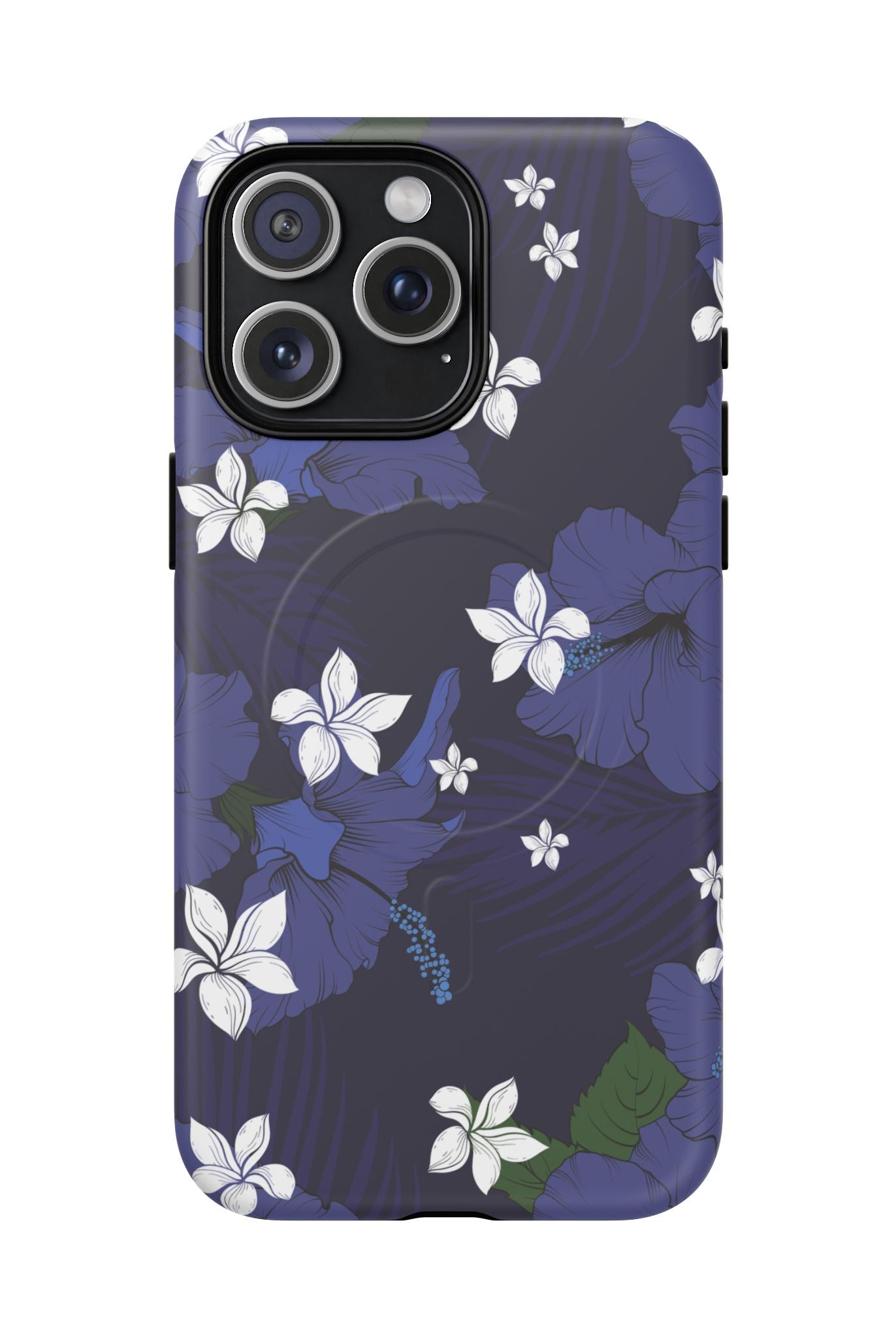 Vintage Blue MagSafe iPhone Case iPhone 15 Pro Max Matte - Hawaiian Indigo Hibiscus White Plumeria Design - The Local Banyan