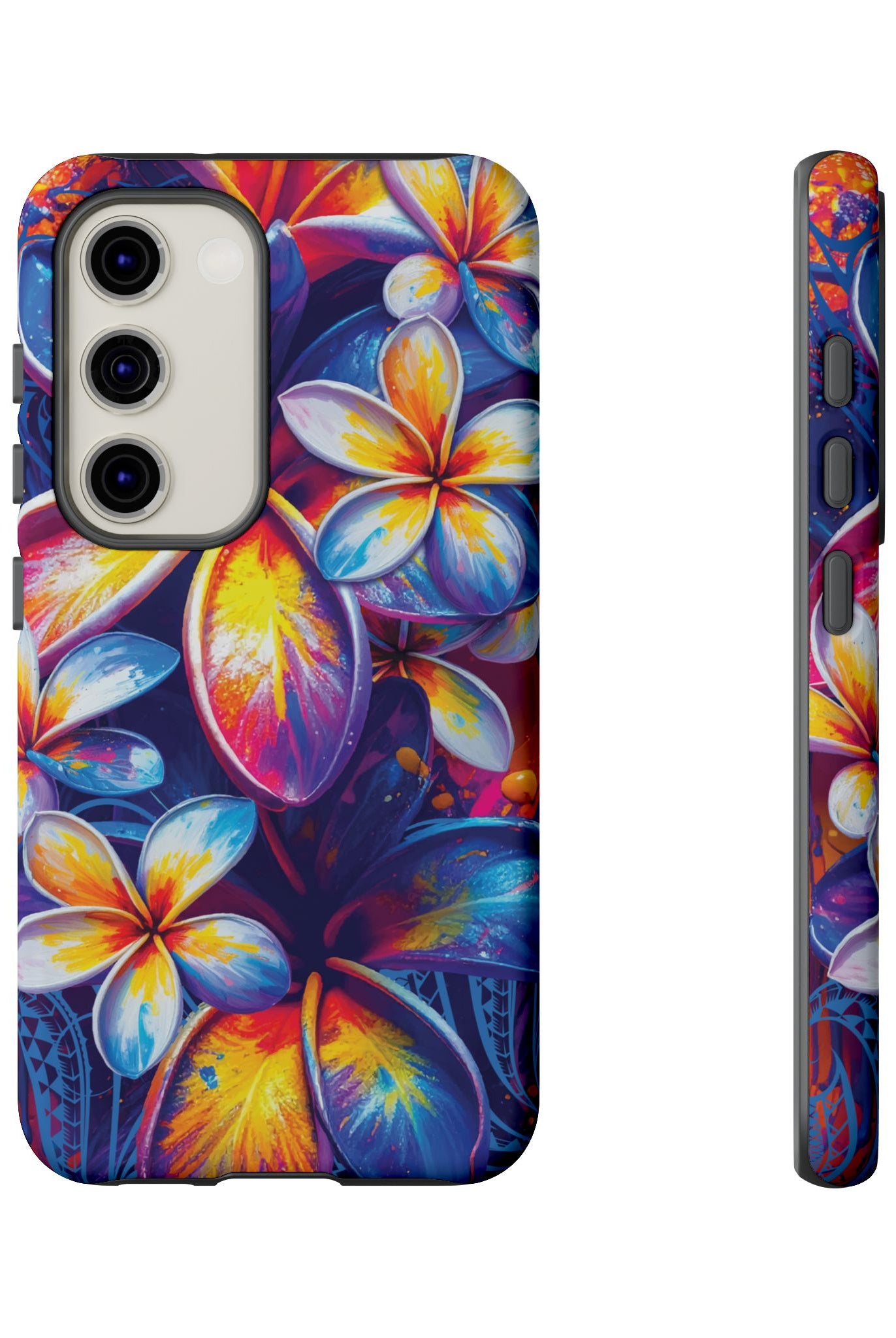 Woman holding Sunset Ink Tough Samsung Galaxy Case - Hawaiian Plumeria Street Art Graffiti Tropical Design - The Local Banyan