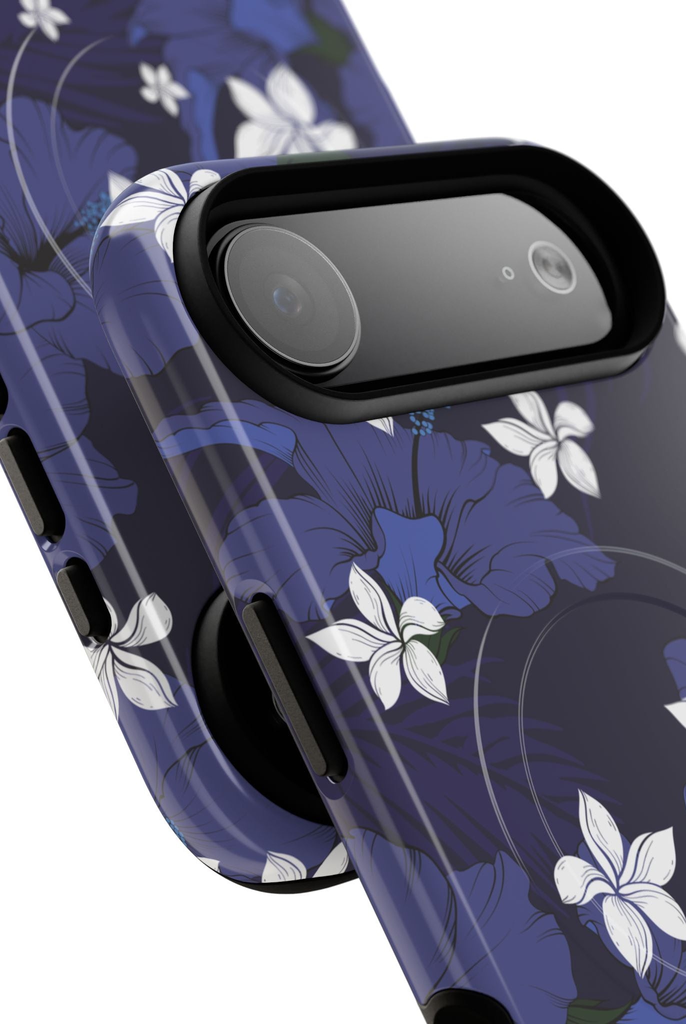 Vintage Blue MagSafe iPhone Case Detail View - Hawaiian Indigo Hibiscus White Plumeria Design Close Up - The Local Banyan