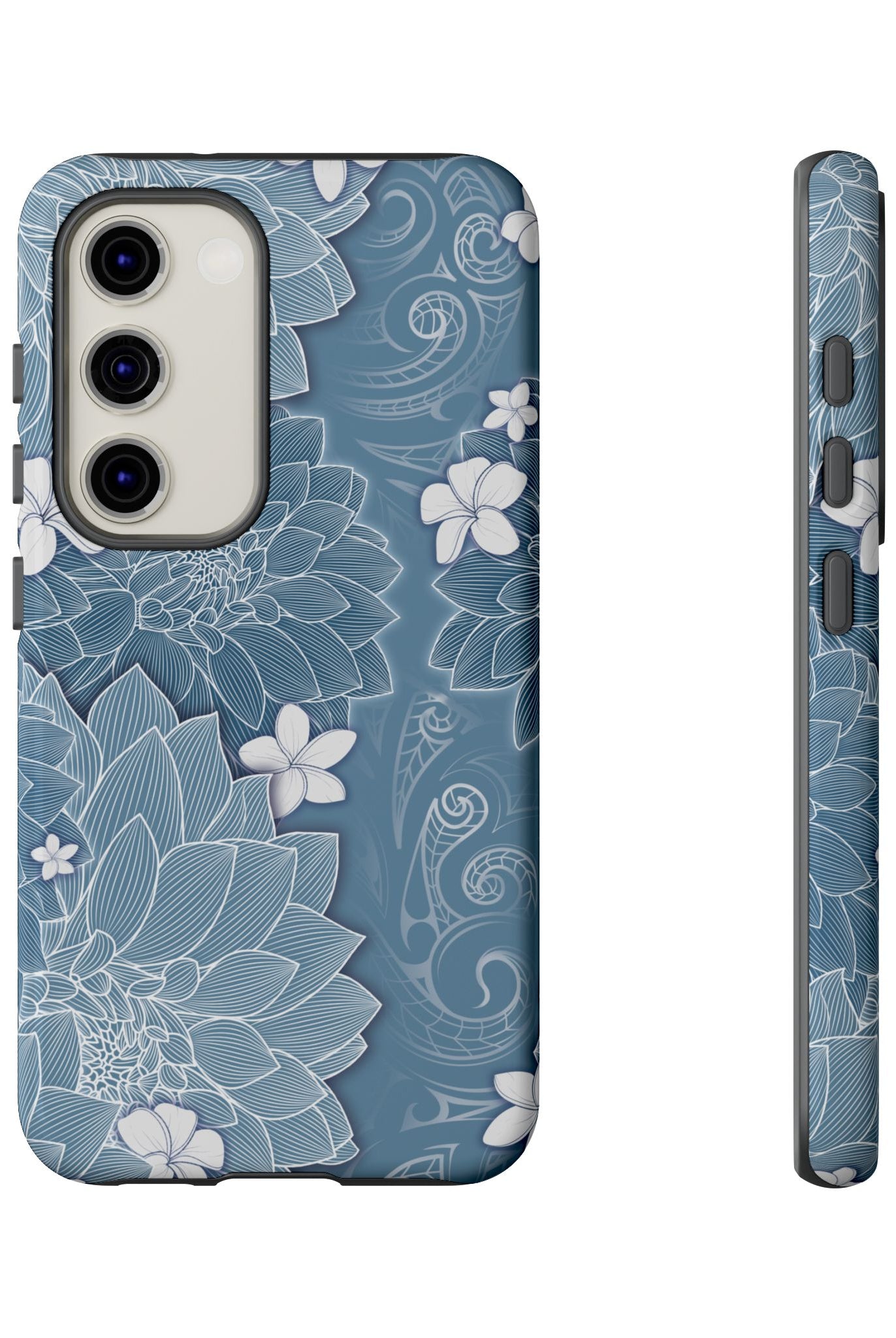 Woman holding Pua La Tough Samsung Galaxy Case - Hawaiian Golden Hibiscus Sun Flower Sapphire Design - The Local Banyan