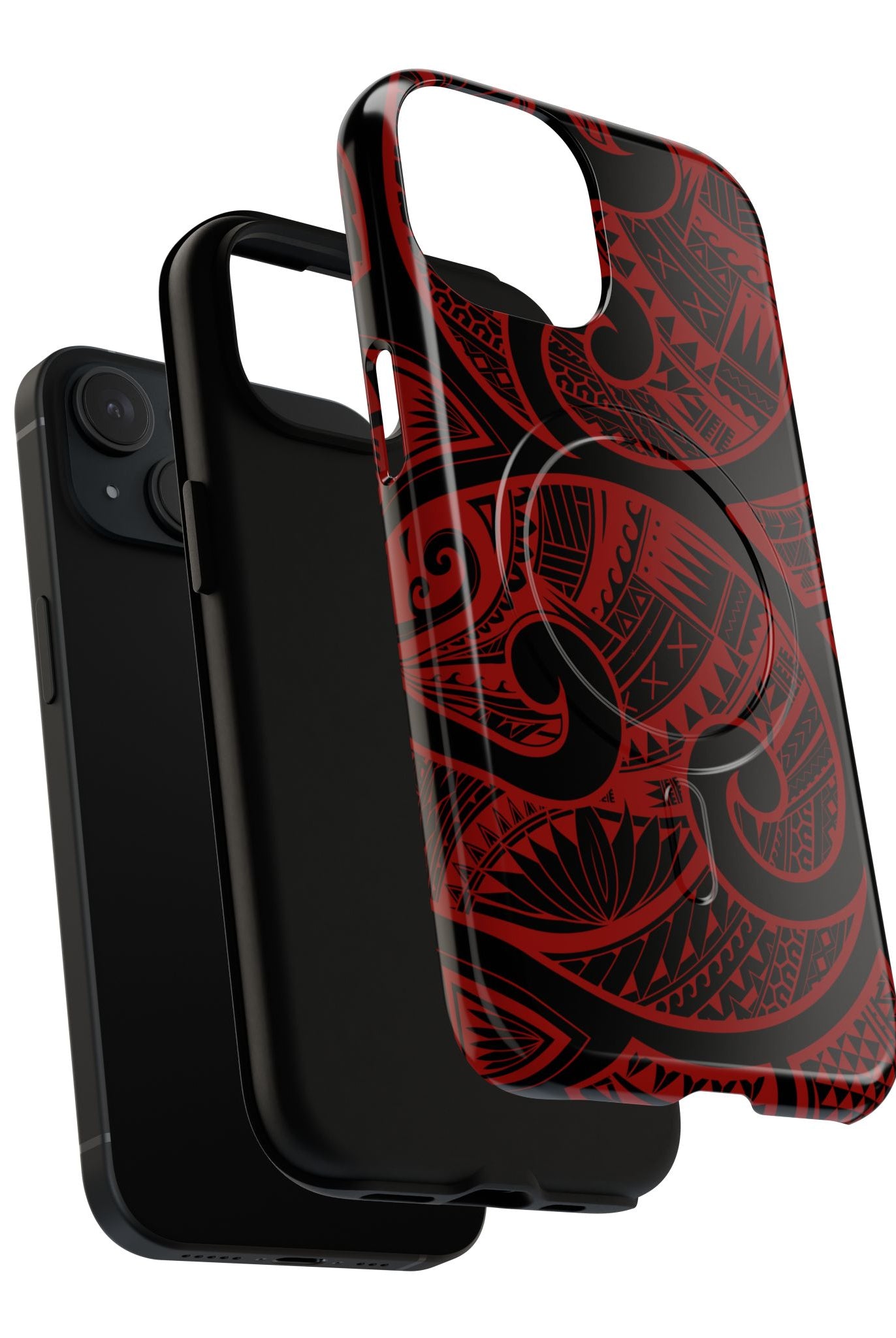 Woman holding Island Tribal MagSafe iPhone Case - Hawaiian Crimson Red Polynesian Tribal Design - The Local Banyan