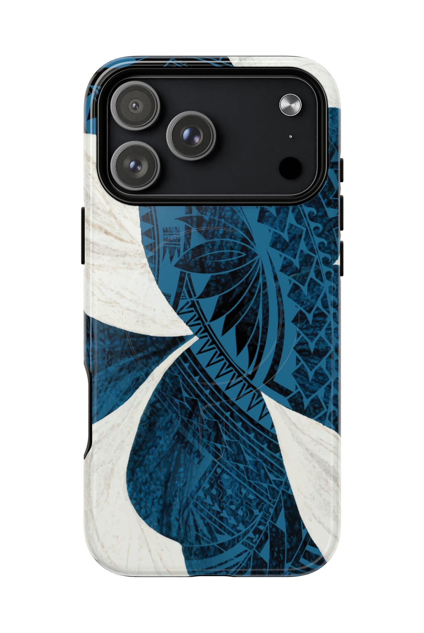 Hana Breeze MagSafe iPhone Case Detail View - Hawaiian Blue Plumeria Polynesian Botanical Design Close Up - The Local Banyan