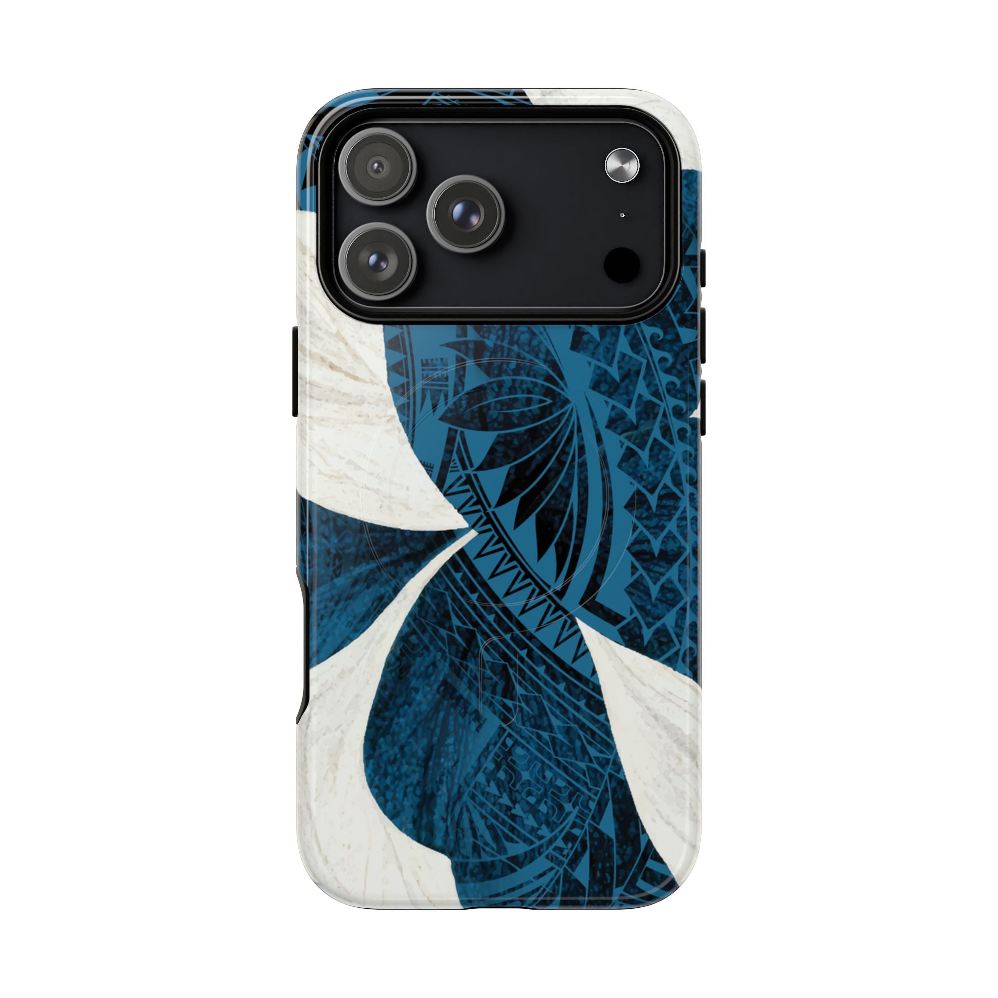 Hana Breeze MagSafe iPhone Case Detail View - Hawaiian Blue Plumeria Polynesian Botanical Design Close Up - The Local Banyan