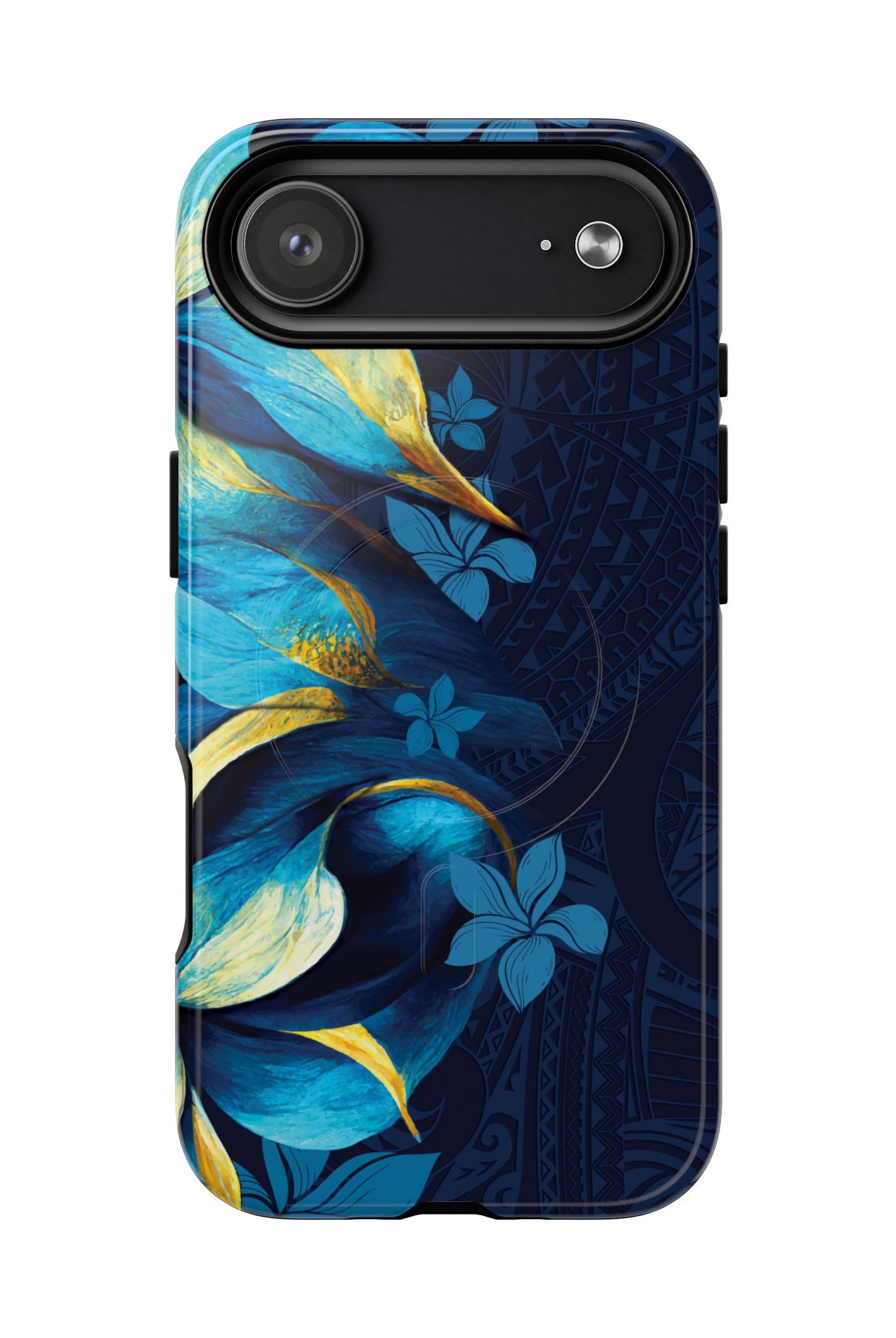 Po Mahina MagSafe iPhone Case Detail View - Hawaiian Moonlit Teal Gold Floral Design Close Up - The Local Banyan