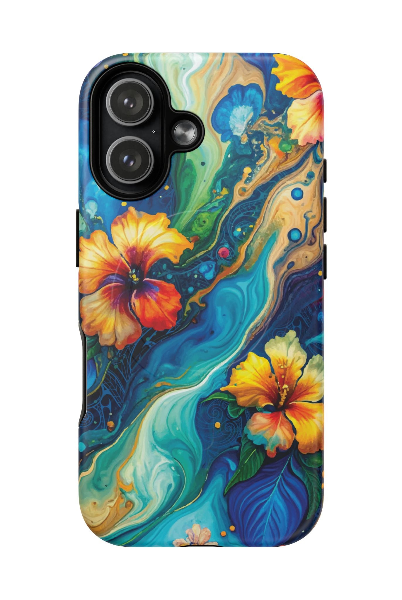 Aloalo Drift MagSafe iPhone Case Detail View - Hawaiian Hibiscus Teal Ocean Wave Design Close Up - The Local Banyan